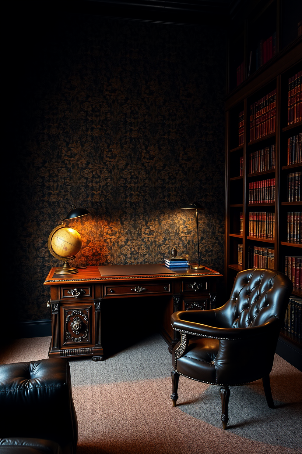 Textured wallpaper in rich, deep hues creates a dramatic backdrop for the dark study room. A large wooden desk with intricate carvings sits against the wall, complemented by a plush leather chair and a vintage globe on a nearby shelf. Soft ambient lighting from a stylish floor lamp casts a warm glow across the space. Bookshelves filled with leather-bound volumes line the walls, enhancing the cozy yet sophisticated atmosphere.