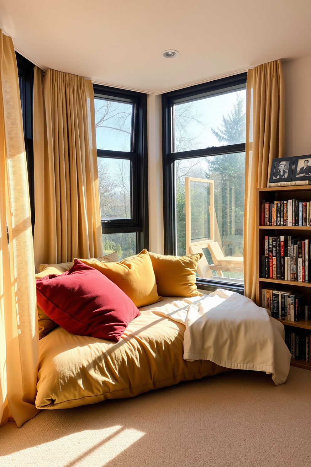 Cozy reading nook with soft pillows. A plush daybed is nestled in the corner, surrounded by oversized cushions in warm, inviting colors. Large windows allow natural light to flood the space, complemented by sheer curtains that gently filter the sunlight. A small bookshelf filled with favorite novels stands nearby, creating an inviting atmosphere for relaxation and reading.