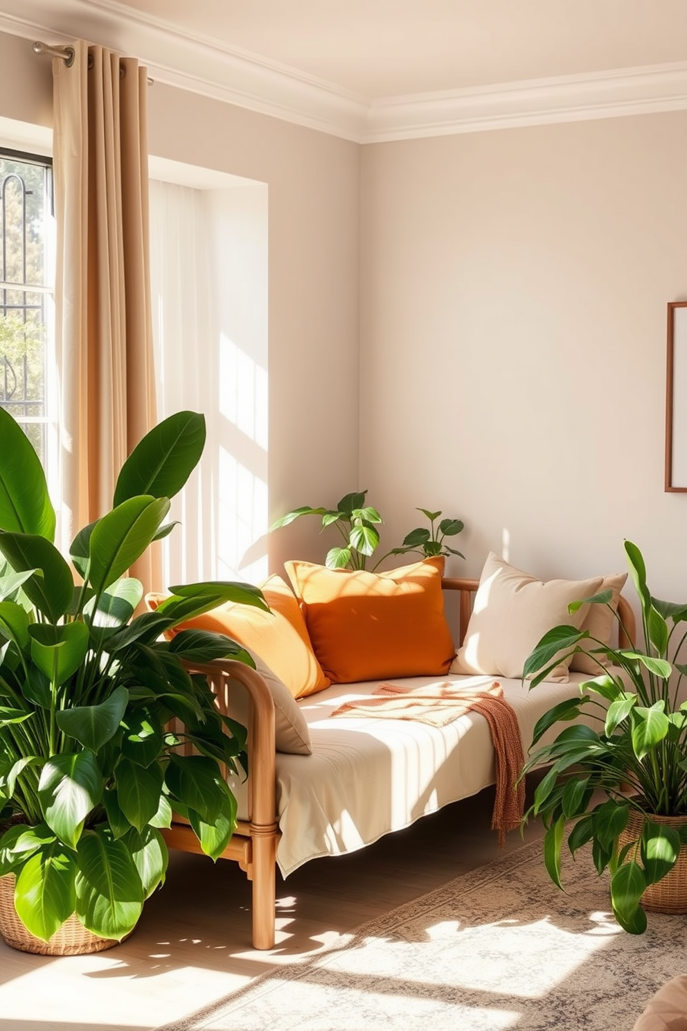 A cozy daybed is nestled in a sunlit corner of the living room, surrounded by lush green plants that bring a touch of nature indoors. The daybed features soft, inviting cushions in warm tones, creating a perfect spot for relaxation and reading.