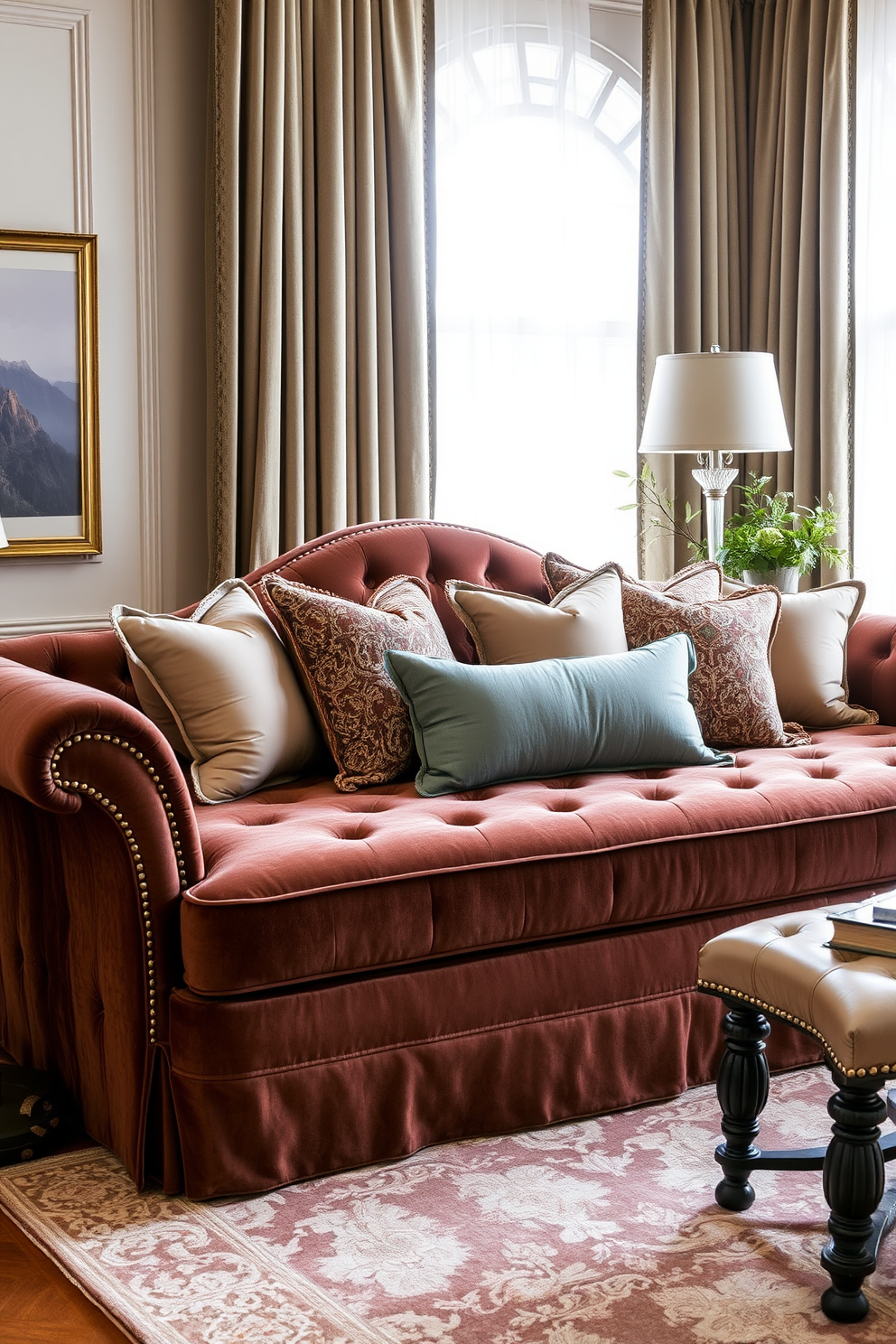 A luxurious daybed upholstered in plush velvet fabric sits elegantly in the living room. It is adorned with an array of decorative pillows in complementary colors, creating a cozy and inviting atmosphere.