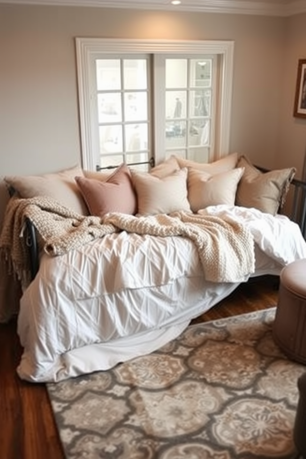 A cozy daybed is adorned with layered bedding textures, featuring a mix of soft linens and plush throws in muted pastel colors. The surrounding living room is designed with warm lighting, accent pillows, and a stylish area rug that complements the daybed's aesthetic.