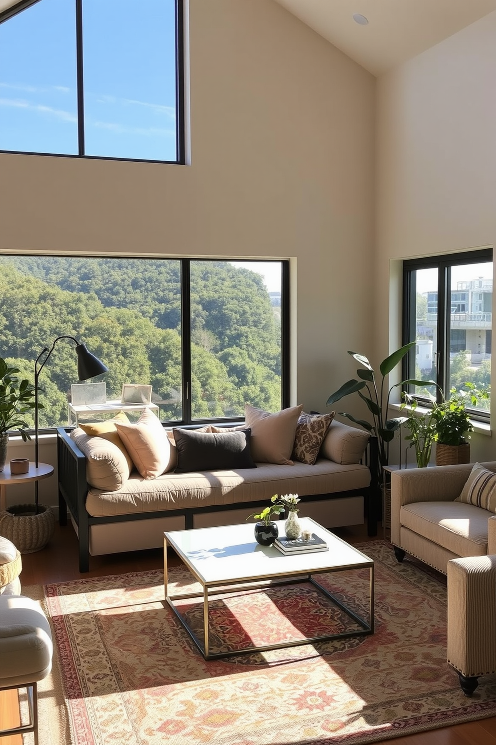 A cozy daybed is positioned beneath a large window, allowing natural light to flood the space and offering stunning views of the outdoors. The daybed is adorned with plush cushions in soft, inviting fabrics, creating a perfect spot for relaxation and reading. Surrounding the daybed, the living room features a harmonious blend of modern and vintage elements. A stylish area rug anchors the seating arrangement, while a sleek coffee table adds a touch of elegance to the overall design.