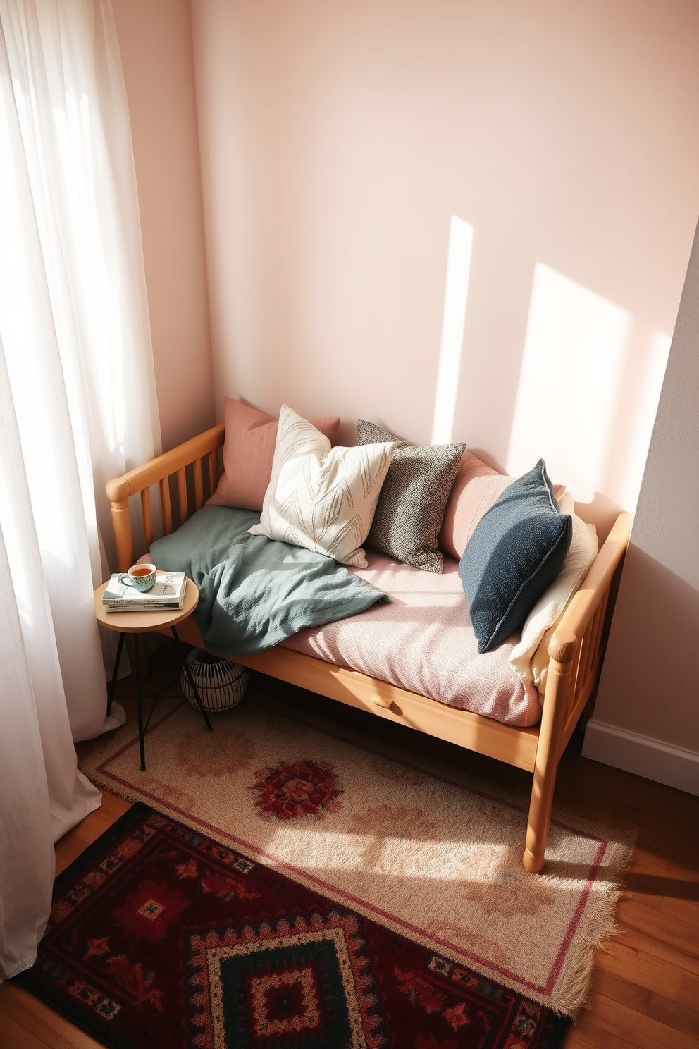 A cozy daybed nestled in a small living room space, adorned with plush cushions in various textures. The walls are painted in soft pastels, and a small side table holds a stack of books and a warm cup of tea. Natural light filters through sheer curtains, creating a warm and inviting atmosphere. A colorful area rug anchors the space, adding a touch of personality beneath the daybed.