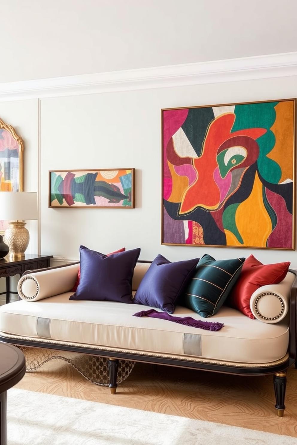 A luxe daybed is positioned in a spacious living room, adorned with plush cushions in rich fabrics. Decorative wall art featuring vibrant colors and abstract designs complements the elegant ambiance of the space.