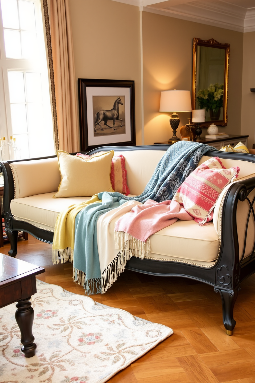 An elegant daybed is positioned in a stylish living room, adorned with a variety of colorful throw blankets draped casually across its surface. The surrounding space features soft lighting and tasteful decor, creating a cozy yet sophisticated atmosphere.