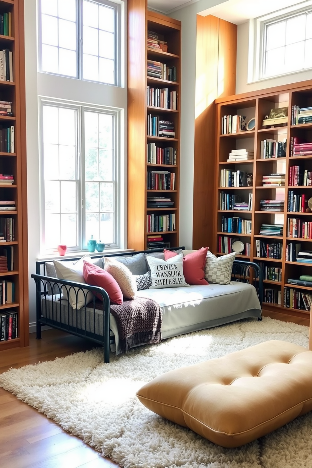 A cozy daybed is nestled in a bright living room, surrounded by tall bookshelves filled with an array of colorful books and decorative items. Soft throw pillows in various textures and patterns adorn the daybed, inviting relaxation and reading. Natural light floods the space through large windows, highlighting the warm wood tones of the bookshelves. A plush area rug anchors the seating area, creating a comfortable and inviting atmosphere.