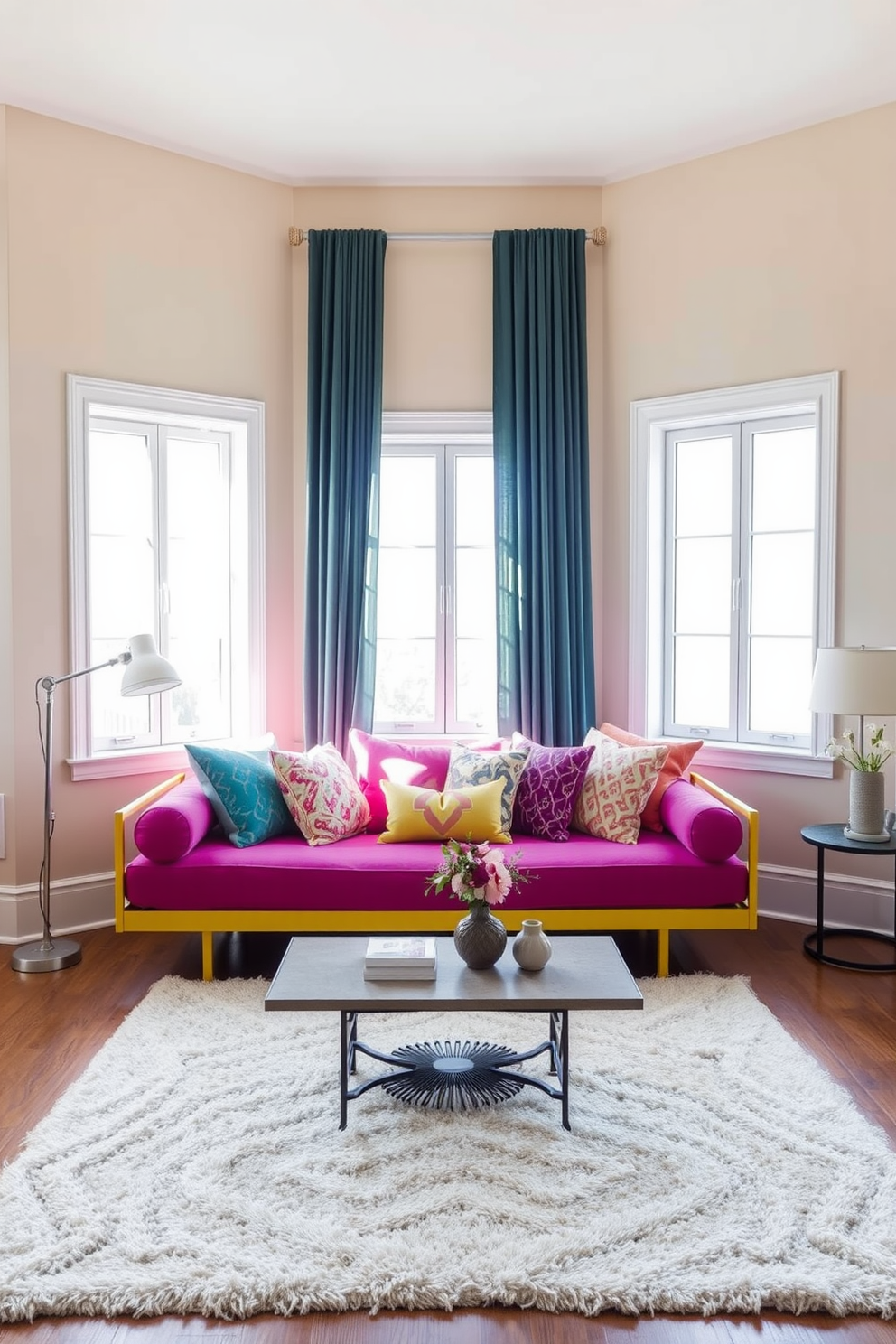 A brightly colored daybed serves as the focal point in a neutral-toned living room. The walls are painted a soft beige, complementing the vibrant hues of the daybed, which is adorned with an array of colorful throw pillows. Natural light floods the space through large windows, creating a warm and inviting atmosphere. A plush area rug anchors the seating area, while a minimalist coffee table adds functionality without overwhelming the design.