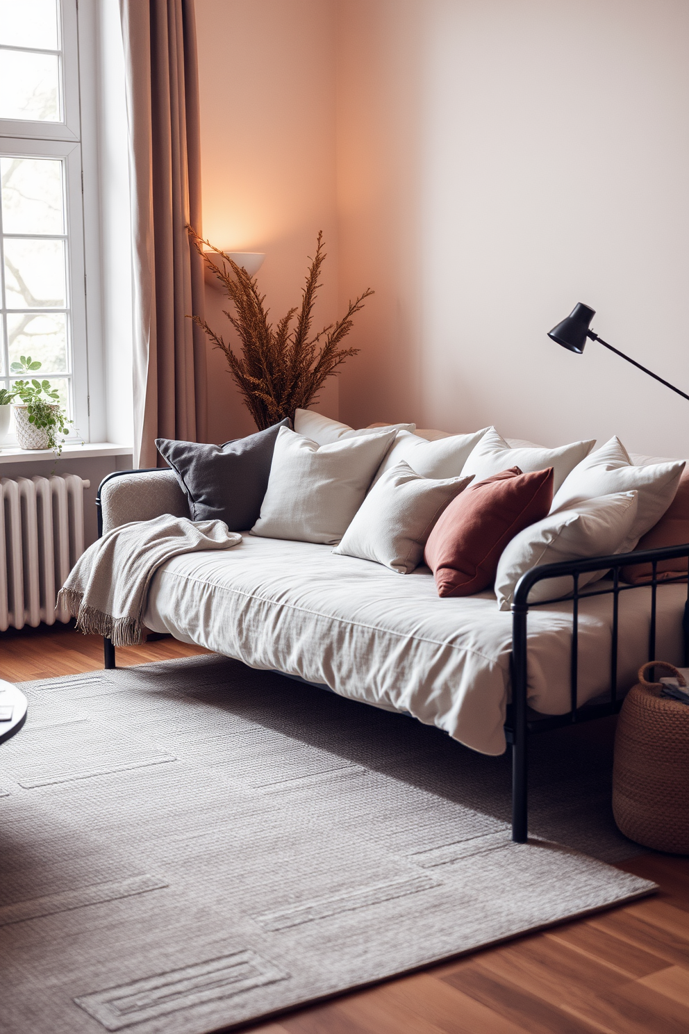 A serene living room featuring a plush daybed adorned with soft, inviting cushions in muted tones. Gentle lighting from a stylish floor lamp creates a warm and cozy atmosphere, perfect for relaxation and reading. The daybed is positioned near a large window, allowing natural light to fill the space. A textured area rug underfoot complements the overall design, adding warmth and comfort to the room.