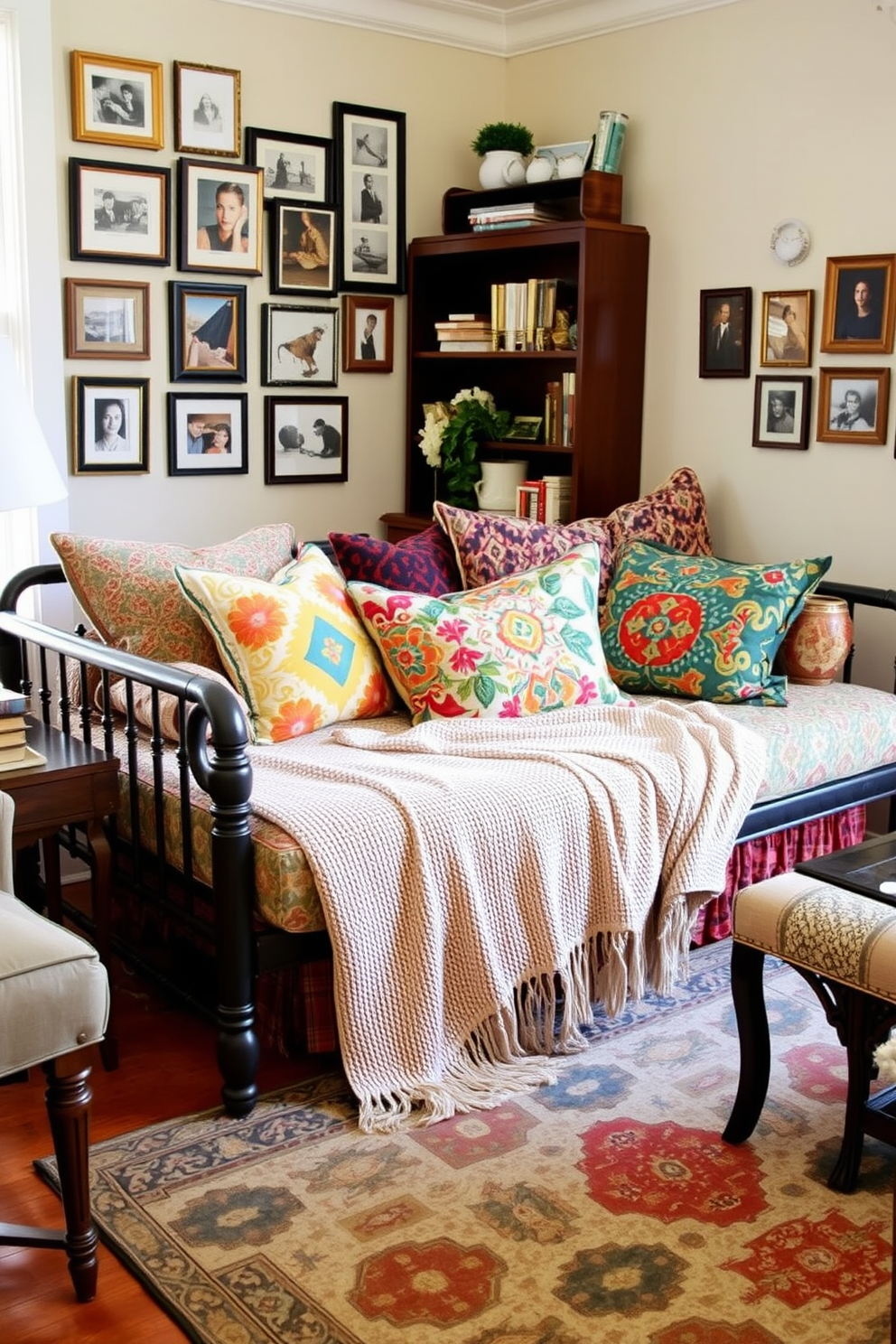 Eclectic daybed decor features a vibrant mix of patterns and textures that create a cozy and inviting atmosphere. The daybed is adorned with an array of colorful throw pillows in various geometric and floral designs, complemented by a soft, textured blanket draped across the foot. The surrounding living room is styled with a combination of vintage and modern furniture pieces, adding to the eclectic vibe. A patterned area rug anchors the space, while a gallery wall of framed art and photographs adds visual interest and personality.