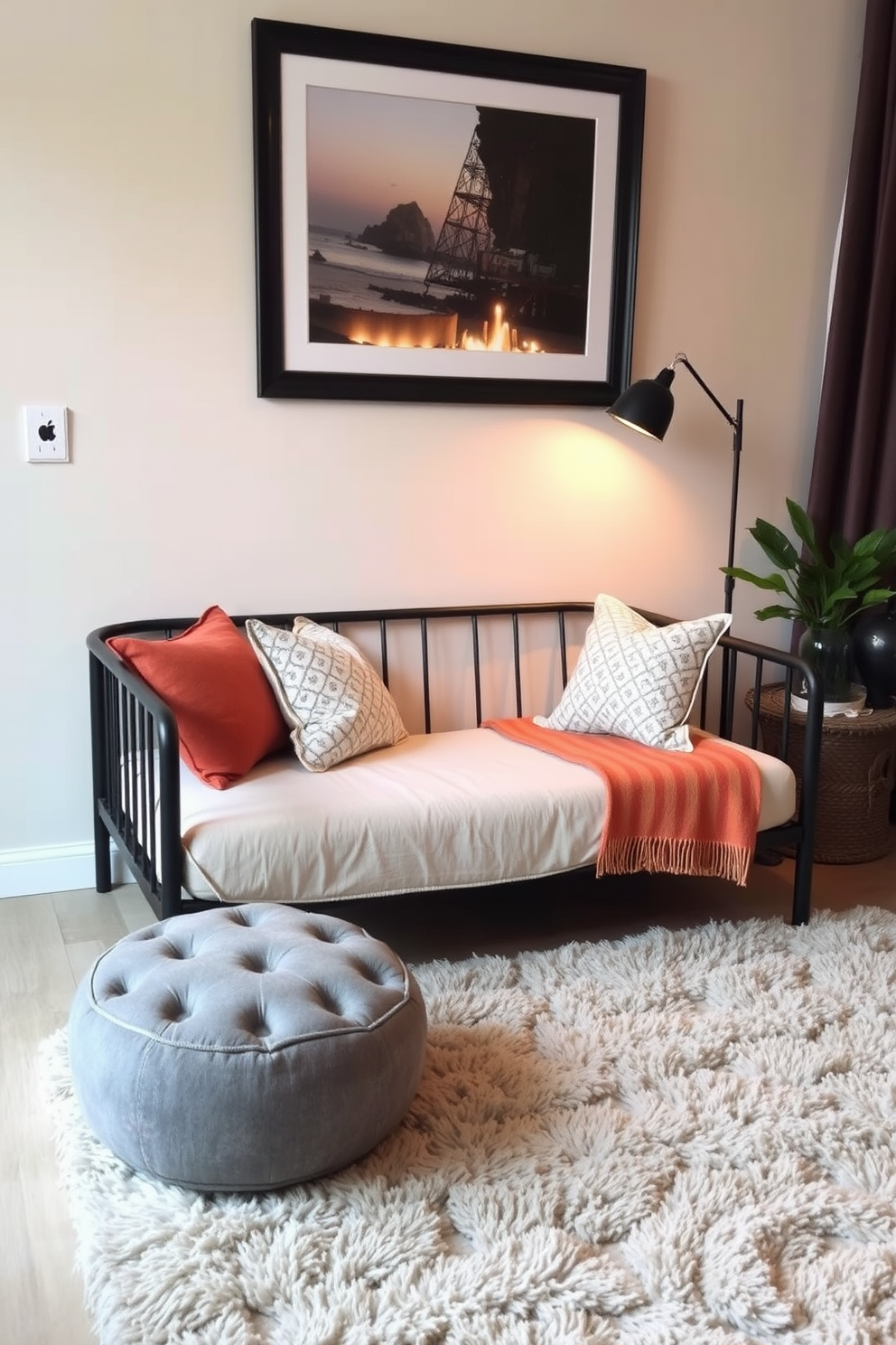 A cozy living room featuring a stylish daybed positioned against a wall. Underneath the daybed, a soft, plush rug adds warmth and texture to the space.