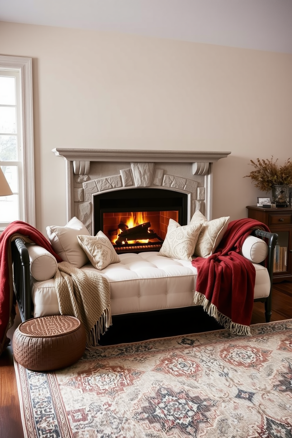 A cozy living room featuring a daybed positioned near a warm, inviting fireplace. The daybed is adorned with plush cushions in soft neutrals, creating a perfect spot for relaxation. The fireplace is framed with elegant stonework, adding a touch of sophistication to the space. Surrounding the daybed, a mix of decorative throws and a stylish area rug enhance the comfort and aesthetic of the room.