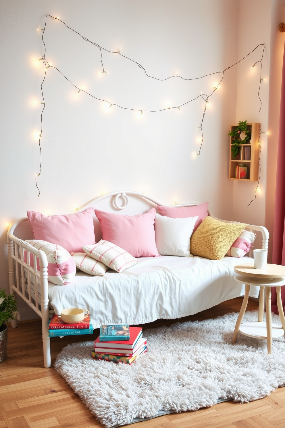 A whimsical daybed is adorned with soft pastel cushions, creating a cozy and inviting atmosphere. Overhead, delicate fairy lights twinkle, adding a magical touch to the living room space. The walls are painted in a light, airy hue, enhancing the playful vibe of the room. A plush area rug anchors the seating area, while a small side table holds a stack of colorful books and a steaming cup of tea.