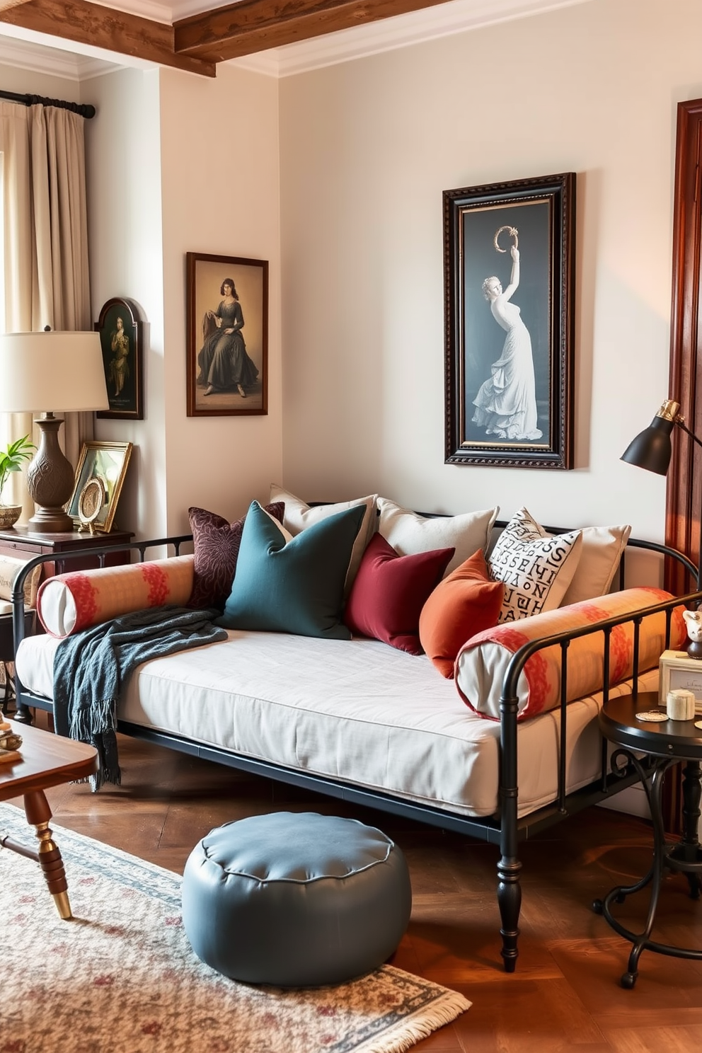 A stylish daybed is positioned in the living room, adorned with a mix of contrasting cushions that add visual interest. The surrounding decor features a blend of modern and vintage elements, creating a cozy yet sophisticated atmosphere.