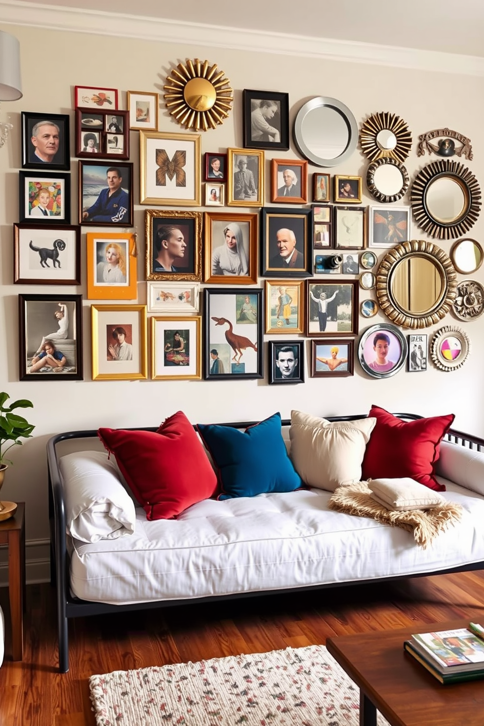 A stylish daybed is positioned against a wall in a cozy living room, adorned with plush cushions in various textures and colors. Above the daybed, an eclectic gallery wall showcases a mix of framed art pieces, photographs, and decorative mirrors, creating a vibrant focal point in the space.