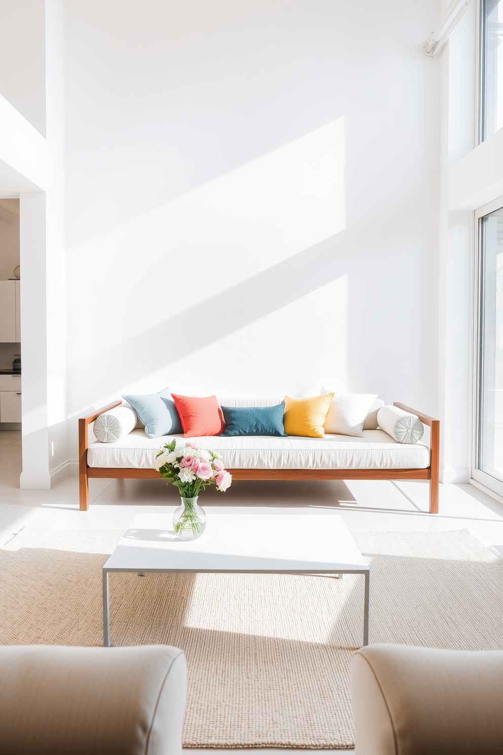 A minimalist daybed is positioned against a bright white wall, creating a serene and open atmosphere. The daybed features clean lines and a neutral fabric, complemented by a few colorful throw pillows for a pop of color. In the living room, a sleek coffee table sits in front of the daybed, adorned with a simple vase of fresh flowers. Natural light flows in through large windows, enhancing the airy feel of the space while a soft area rug anchors the seating area.