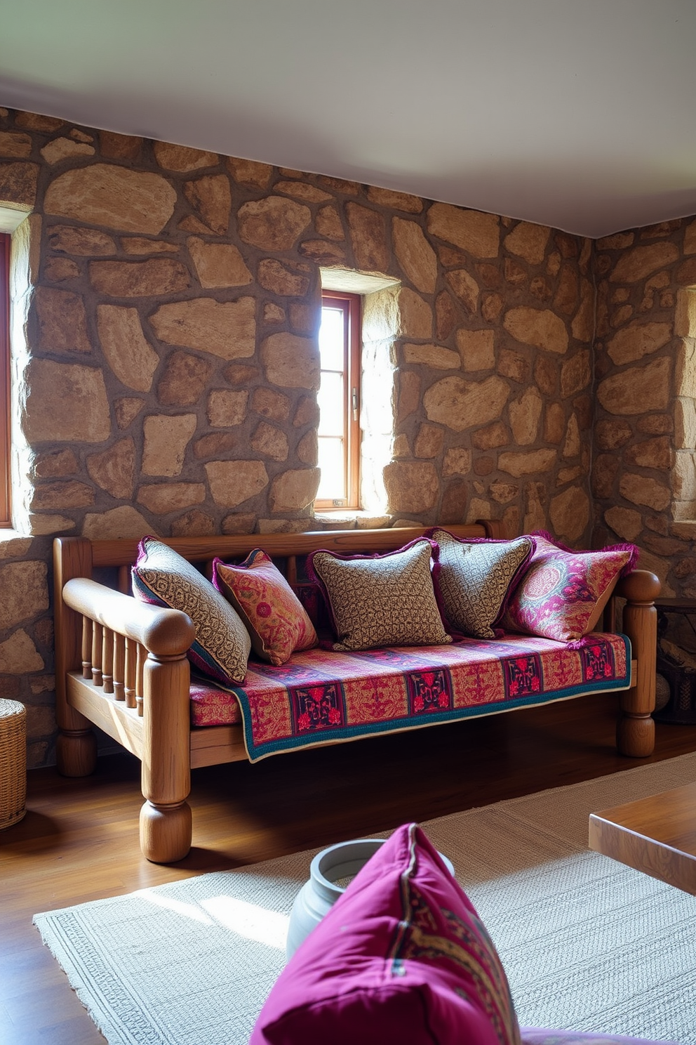 A rustic wooden daybed is positioned against a textured stone wall, adorned with an array of colorful patterned cushions that invite relaxation. The surrounding area features a warm, earthy color palette, with natural light streaming in through large windows, enhancing the cozy atmosphere of the living room.