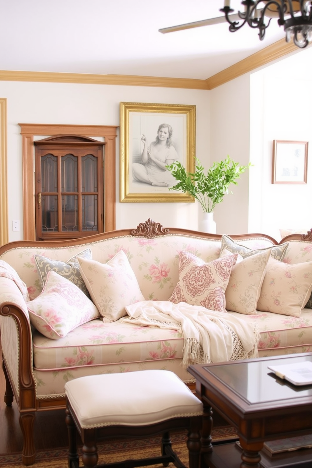 A vintage daybed with floral upholstery is the focal point of the living room. The soft pastel colors of the upholstery complement the warm wooden accents throughout the space. Surrounding the daybed, there are plush throw pillows in coordinating patterns that enhance the cozy atmosphere. A delicate lace throw is casually draped over one side, adding a touch of elegance to the design.