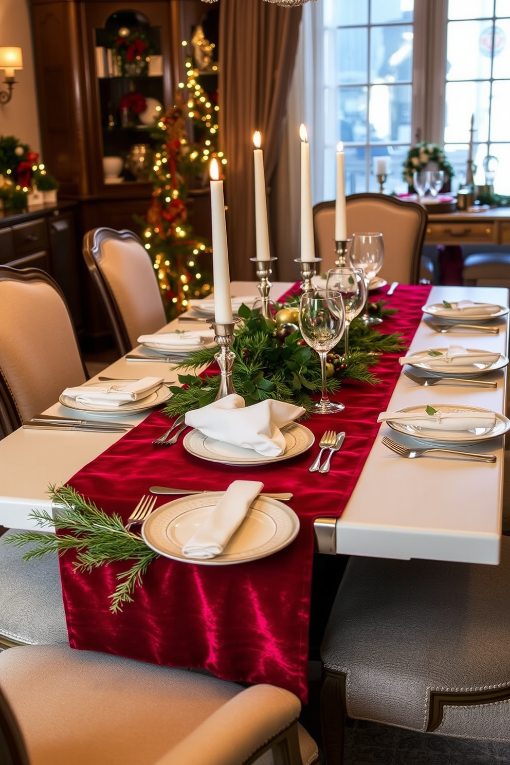 An elegant dining room adorned for Christmas features a beautifully set table with a luxurious table runner in rich red velvet. The runner is accented with fresh greenery, including pine branches and holly, creating a festive and inviting atmosphere. The table is surrounded by upholstered chairs, and each place setting includes fine china and sparkling glassware. Soft, ambient lighting casts a warm glow over the scene, enhancing the holiday spirit and elegance of the decor.