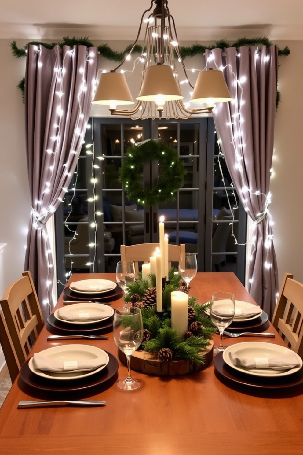 A cozy dining room adorned with twinkling fairy lights draped elegantly around a wooden table. The table is set with festive dinnerware, and a centerpiece of pinecones and candles adds a warm holiday touch.