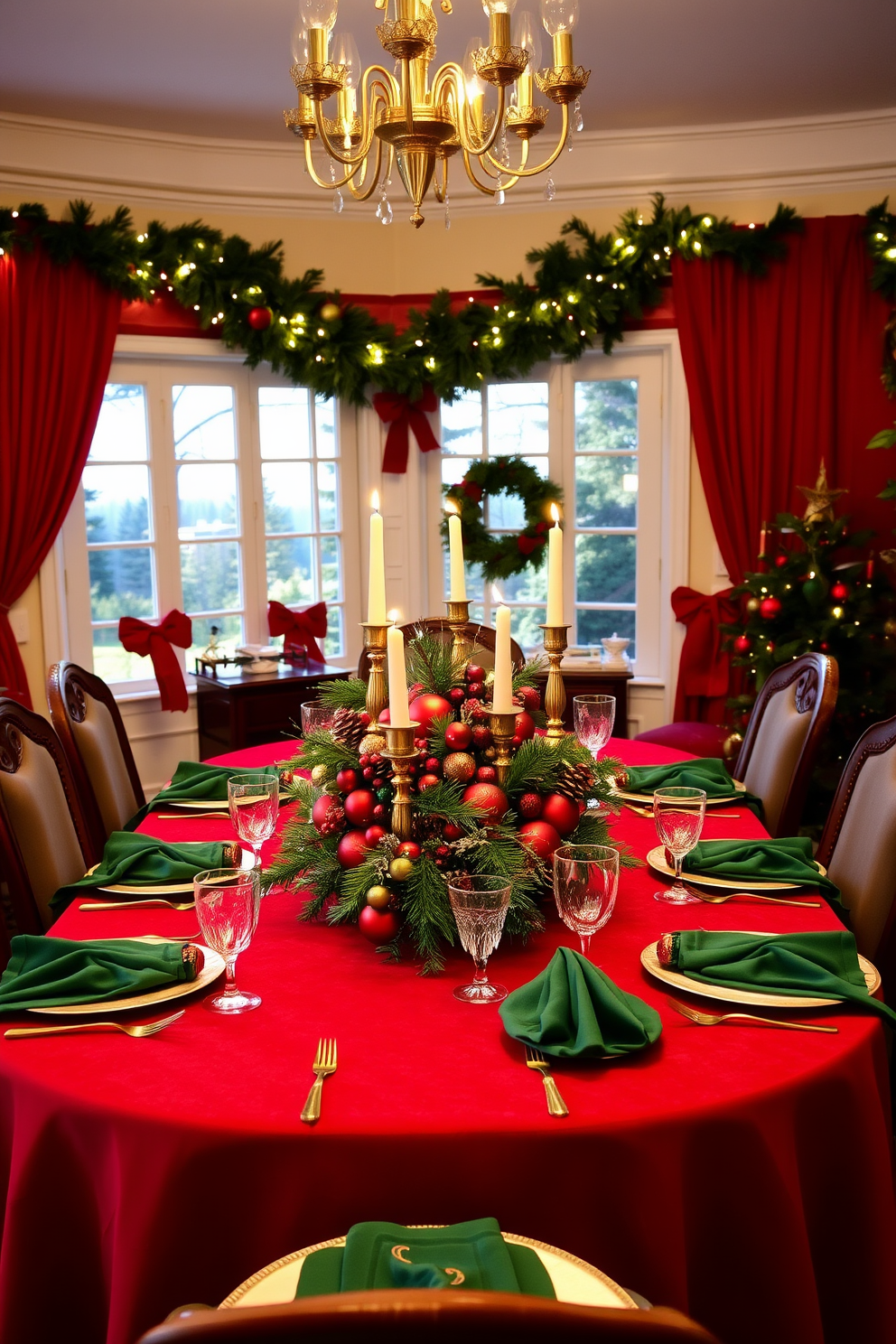 A dining room adorned with classic red and green decorations for Christmas. The table is set with a rich red tablecloth, complemented by green napkins and elegant gold flatware. A stunning centerpiece features a mix of red and green ornaments, pinecones, and candles. The walls are adorned with festive garlands, and twinkling string lights create a warm, inviting ambiance.