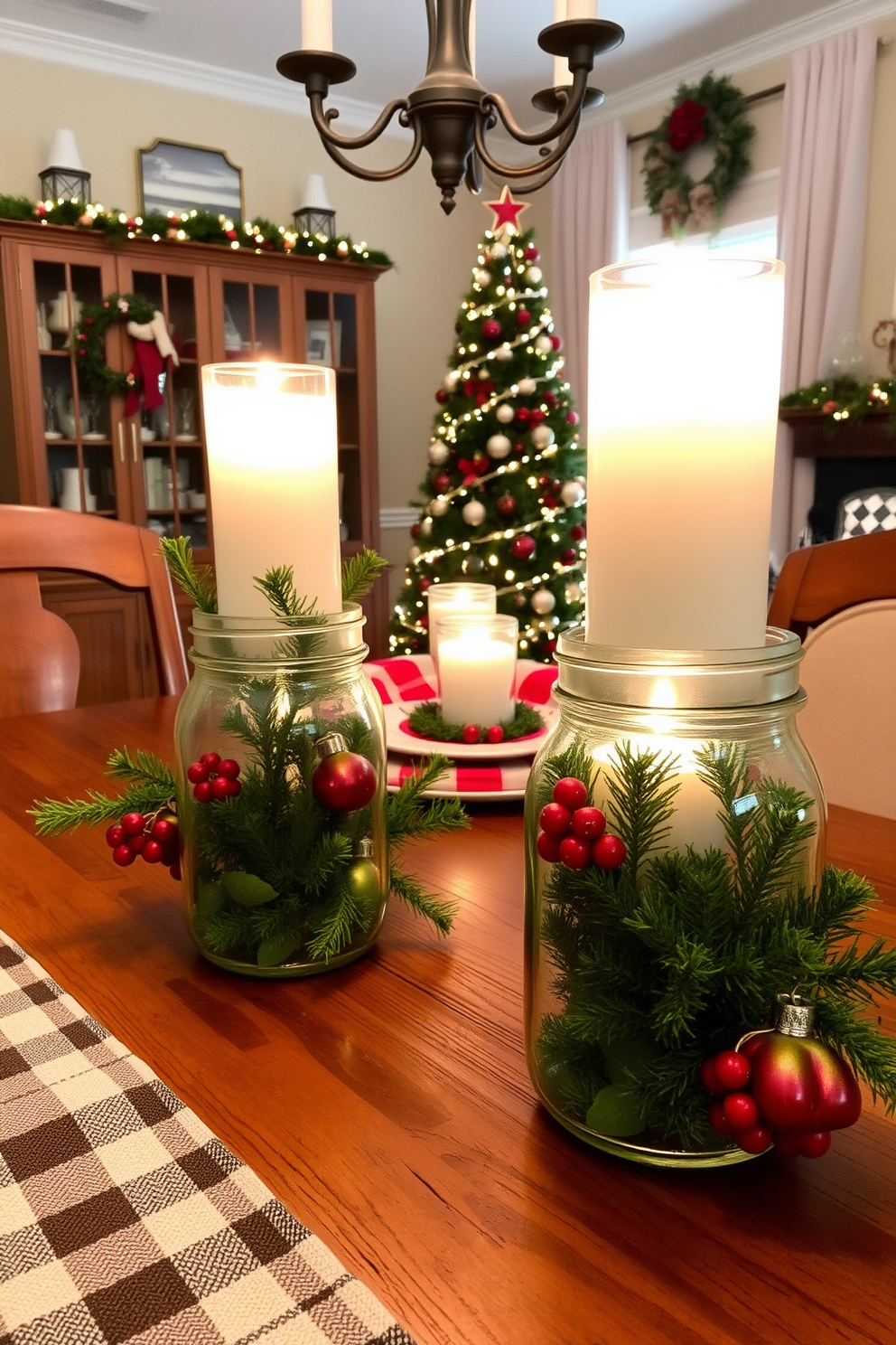 A charming dining room decorated for Christmas features mason jar candle holders placed on a rustic wooden table. Each jar is filled with festive greenery and a flickering candle, creating a warm and inviting atmosphere for holiday gatherings.