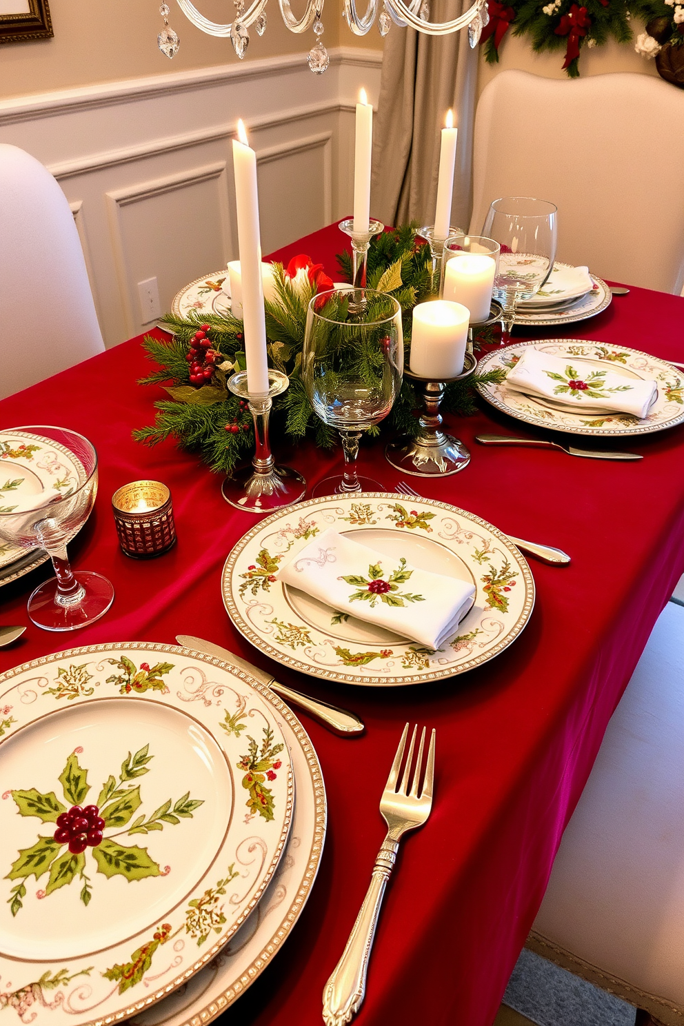 A beautifully set dining table adorned with themed dinnerware featuring intricate holiday motifs. The plates are decorated with festive patterns of holly and snowflakes, complemented by elegant glassware and polished silver cutlery. A warm, inviting ambiance is created with soft candlelight and a centerpiece of seasonal greenery. The table is draped with a rich red tablecloth that enhances the cheerful holiday spirit.