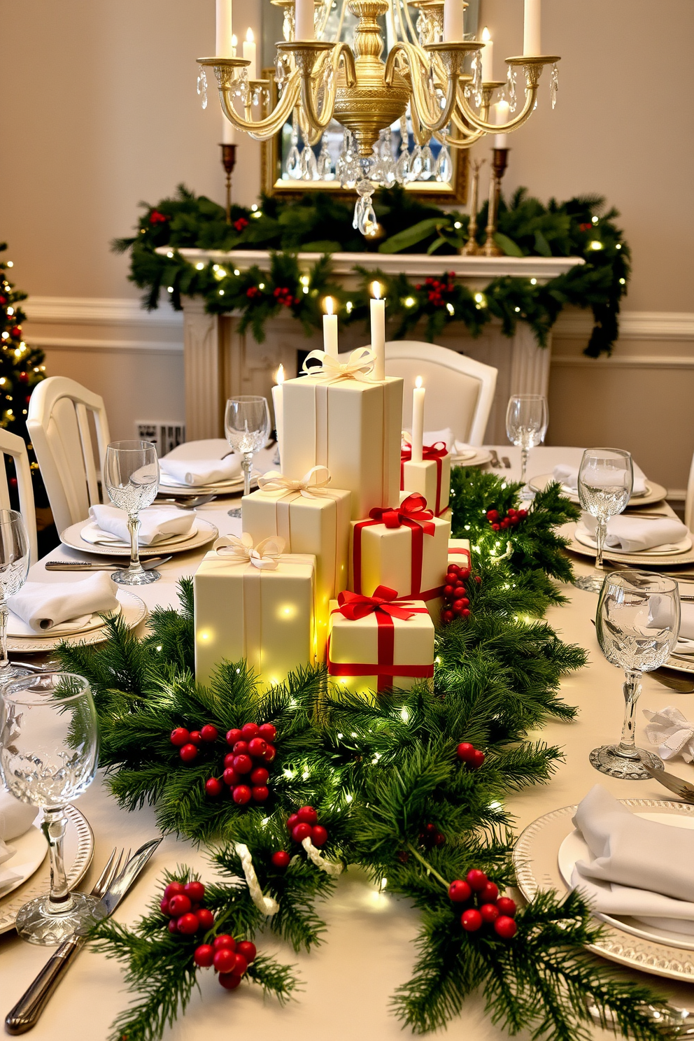 A festive dining room adorned with an elegant advent calendar centerpiece. The centerpiece features beautifully wrapped gift boxes in various sizes, arranged on a lush green table runner with twinkling fairy lights intertwined. Surrounding the centerpiece, the dining table is set with fine china and sparkling crystal glassware. A garland of pine branches and red berries drapes gracefully over the table edges, enhancing the warm holiday atmosphere.