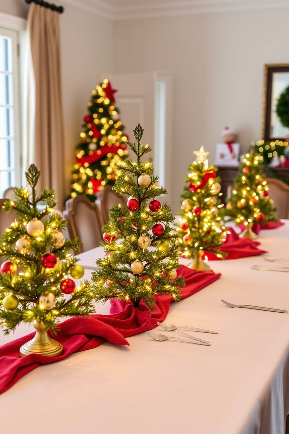 A festive dining room adorned with miniature Christmas trees as table accents. Each tree is decorated with twinkling lights and colorful ornaments, creating a warm and inviting atmosphere for holiday gatherings.