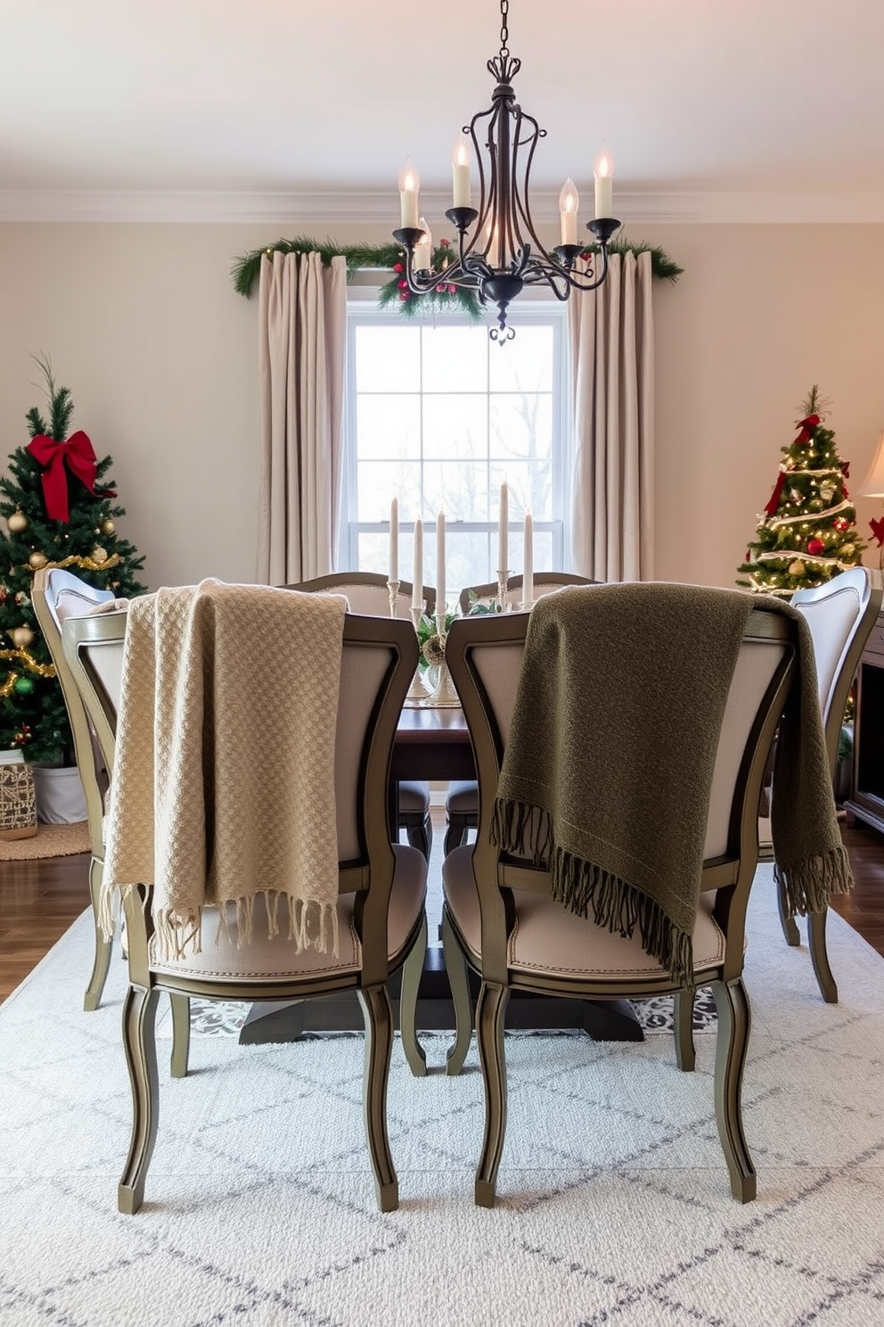 Cozy throw blankets are draped over the backs of elegant dining chairs, adding warmth and texture to the space. The dining room is adorned with festive decorations, including a beautifully set table with holiday-themed centerpieces and twinkling fairy lights. The walls are painted in a soft, neutral tone, enhancing the inviting atmosphere. A large window allows natural light to filter in, showcasing the seasonal decor and creating a cheerful ambiance.