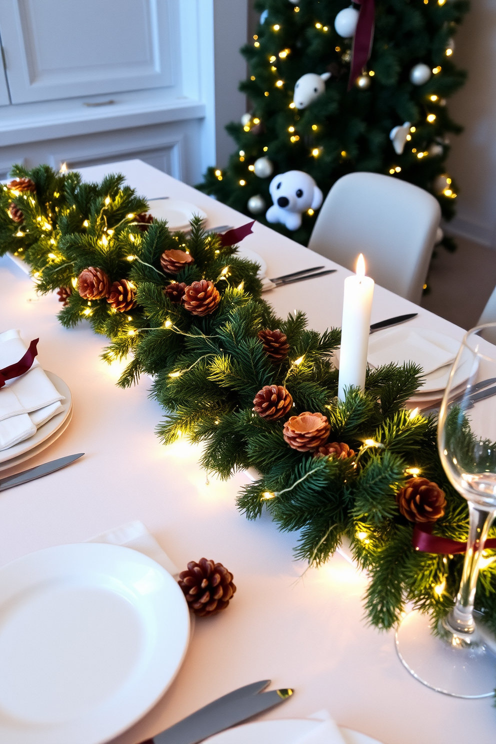 A festive garland drapes elegantly along the dining table, adorned with twinkling fairy lights and pinecones. The table is set with fine china and sparkling glassware, creating a warm and inviting atmosphere for holiday gatherings.