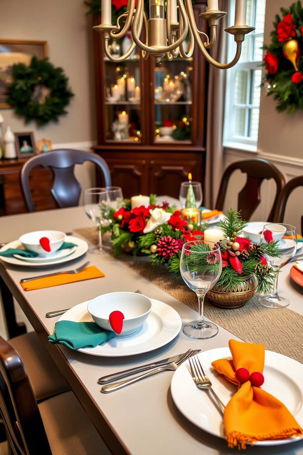 A cozy dining room setting featuring simple white dishes adorned with colorful accents. The table is elegantly set with vibrant napkins and festive centerpieces that evoke the spirit of Christmas.