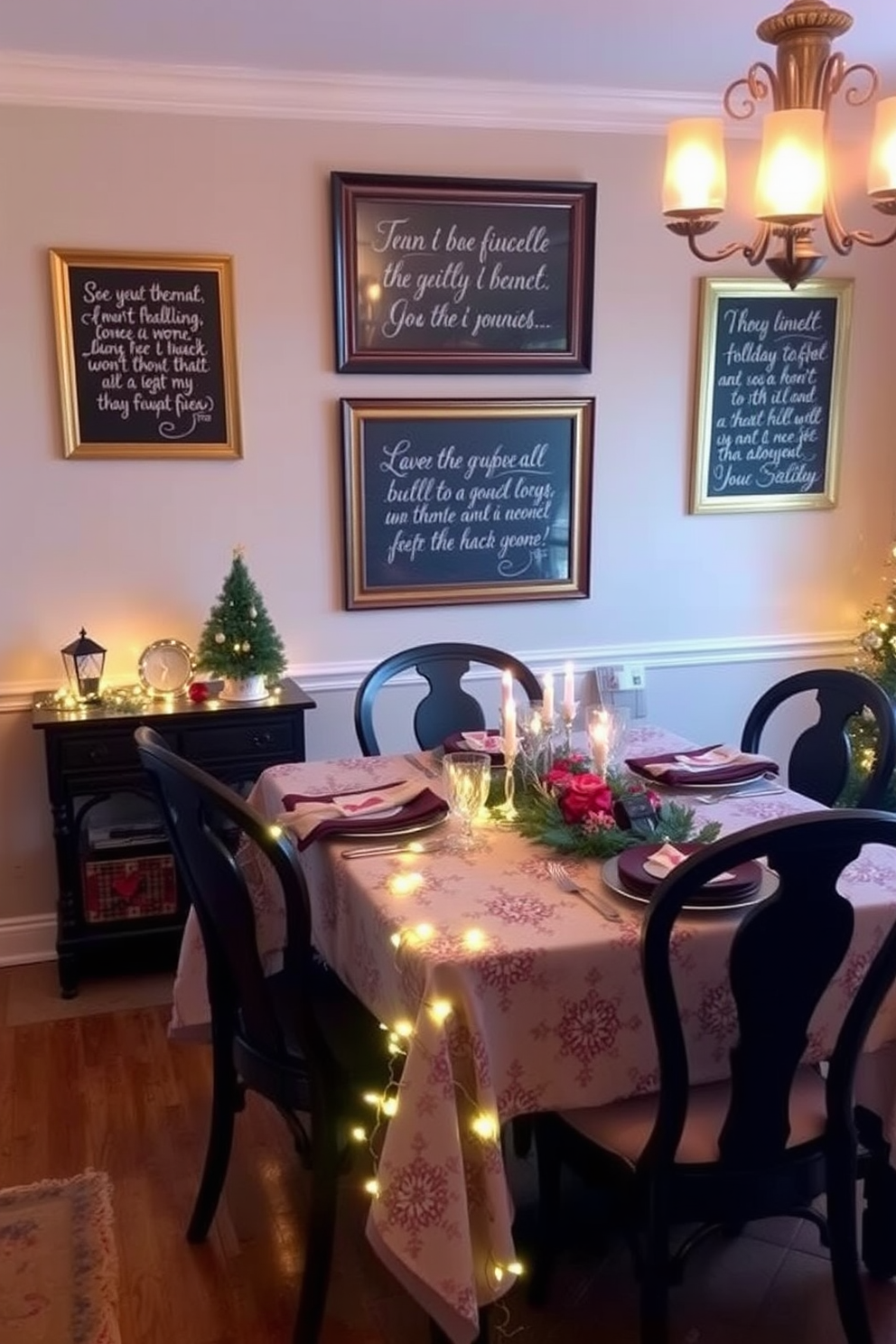 A cozy dining room adorned with handwritten holiday quotes on the walls. The quotes are elegantly framed, adding a personal touch to the festive atmosphere. The table is beautifully set with a festive tablecloth and seasonal centerpieces. Twinkling fairy lights drape across the table, creating a warm and inviting glow for family gatherings.