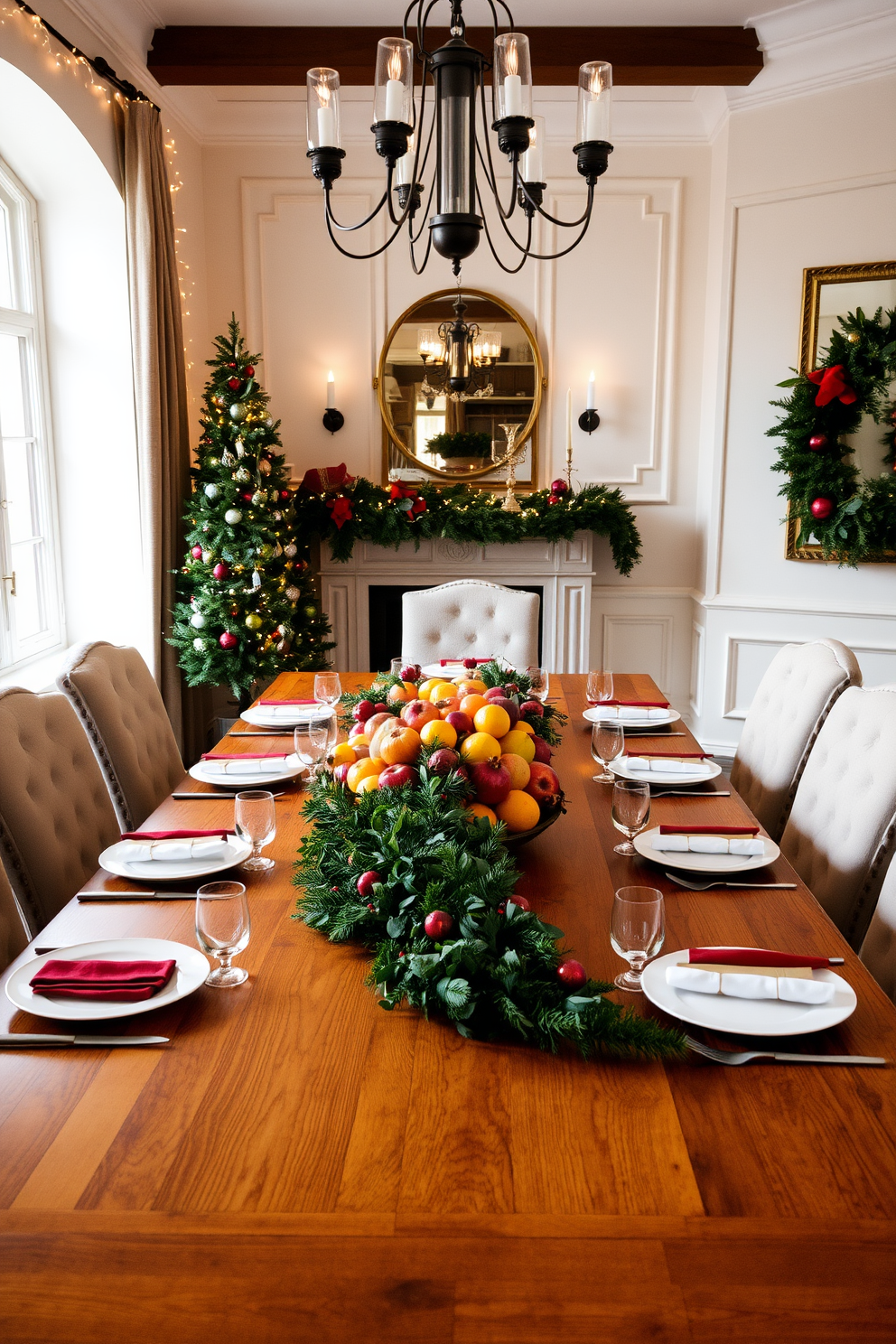 A beautiful dining room featuring a large wooden table set for a festive meal. In the center, a vibrant seasonal fruit arrangement serves as the centerpiece, showcasing an array of colorful fruits like oranges, apples, and pomegranates. The room is adorned with elegant Christmas decorations, including a garland draped along the table's edge and twinkling fairy lights overhead. Plush chairs surround the table, inviting guests to gather and enjoy the holiday spirit.