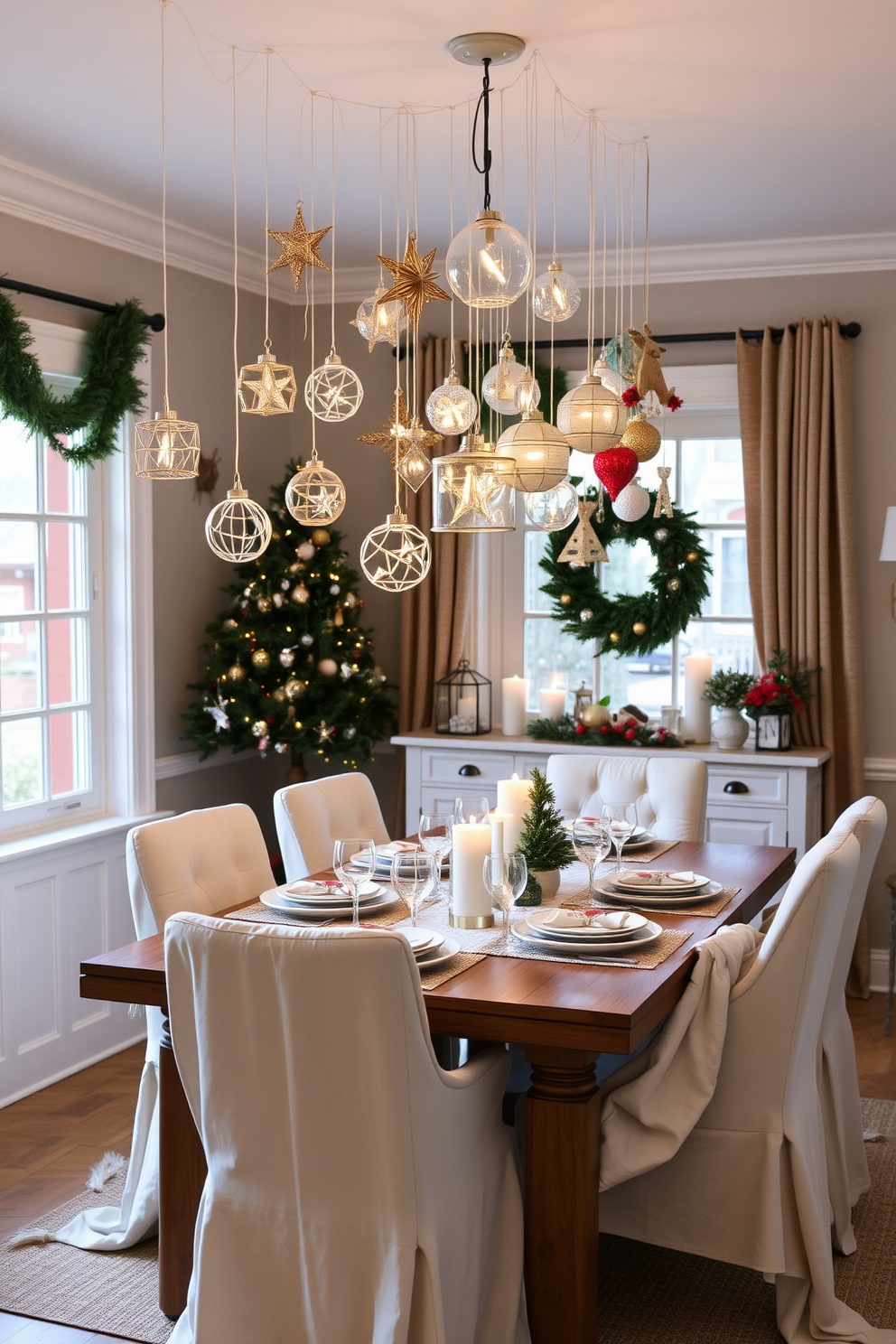 A cozy dining room adorned with DIY ornaments hanging from the ceiling. The table is set with festive tableware and surrounded by chairs draped in soft fabric.