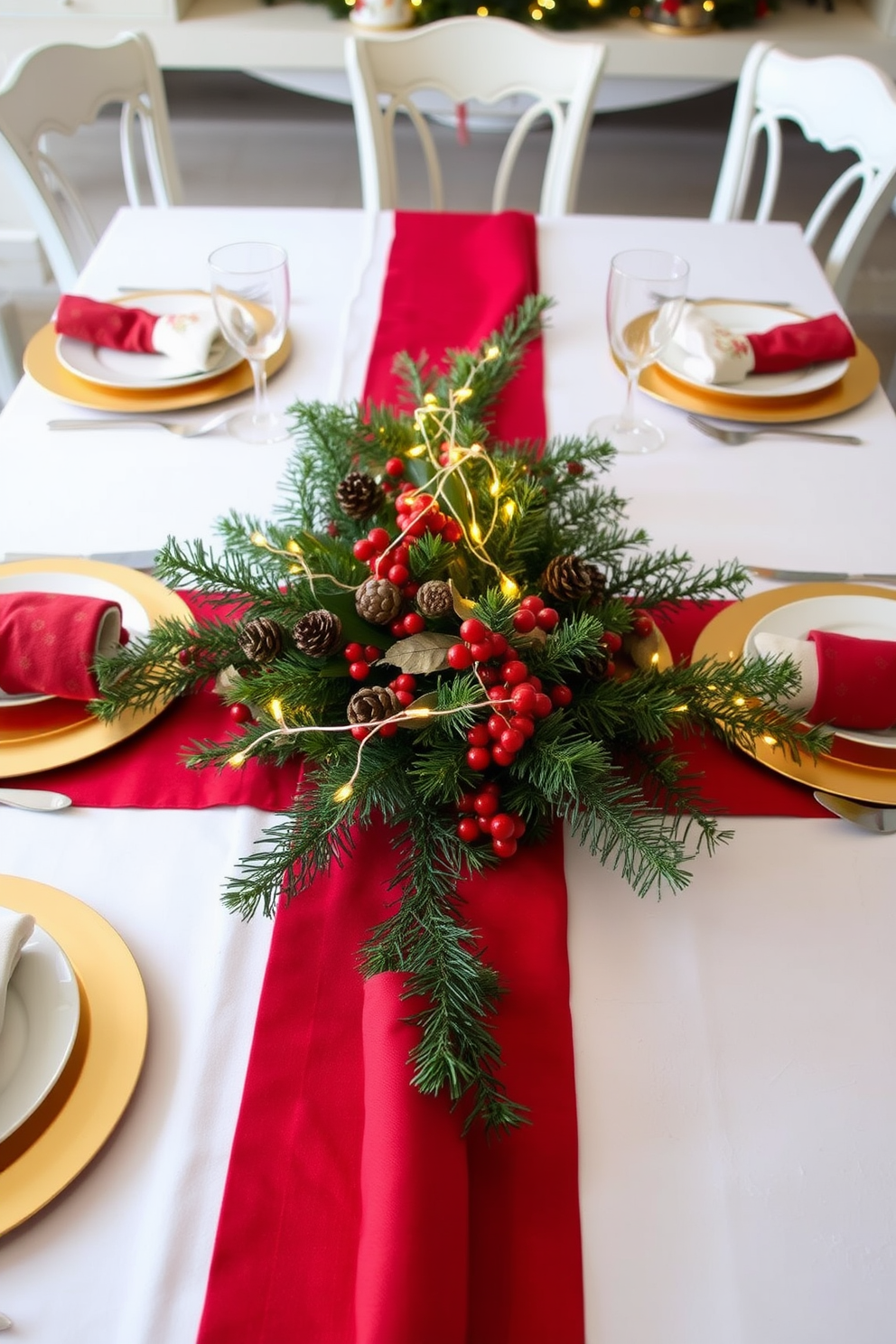 Layered table settings featuring a mix of textures and colors create a visually interesting dining experience. The table is adorned with a crisp white tablecloth, topped with a rich red runner, and accented by gold chargers beneath elegant dinner plates. For Christmas decorating ideas, the centerpiece showcases a lush arrangement of evergreen branches, pinecones, and red berries. Twinkling fairy lights are woven throughout the arrangement, adding a warm glow to the festive atmosphere.