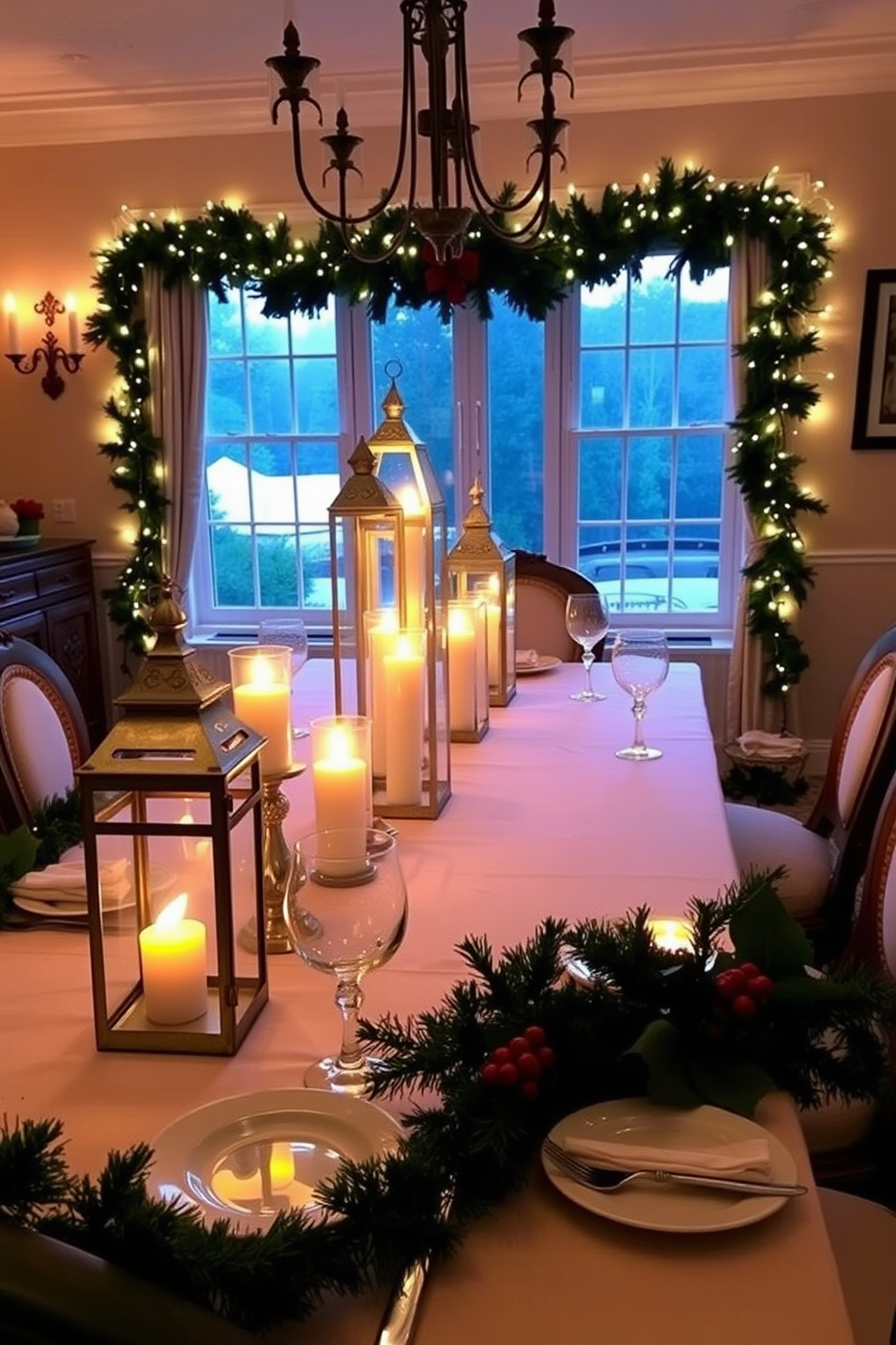 Candlelit lanterns are arranged elegantly on the dining table, casting a warm glow across the room. Surrounding the table, festive decorations include garlands of pine and holly, adding a touch of holiday cheer. The dining room features a beautifully set table with fine china and sparkling glassware, ready for a festive gathering. Twinkling fairy lights drape across the windows, enhancing the cozy and inviting atmosphere.