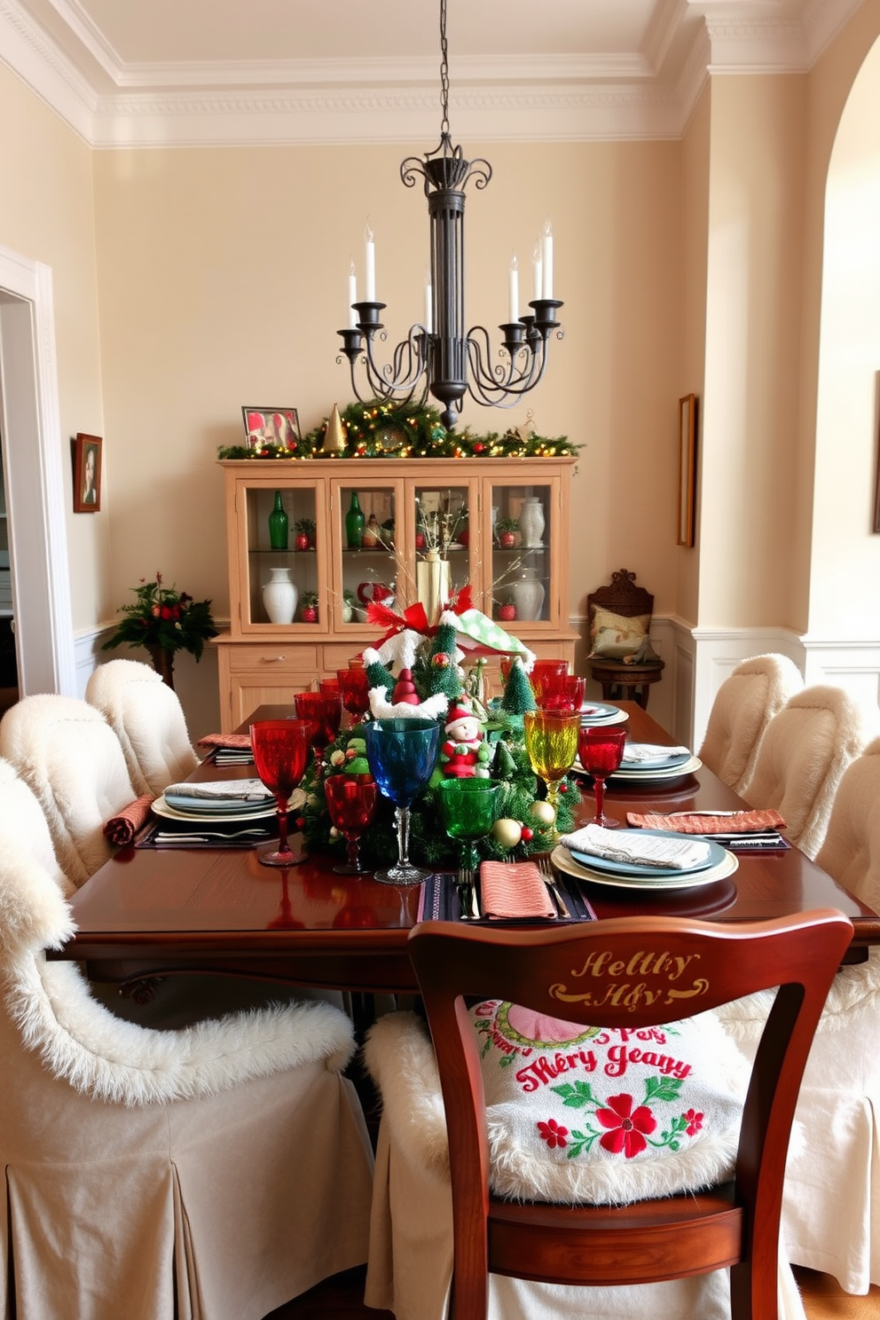 A vibrant dining room setting featuring an elegant table adorned with an array of colorful glassware in various shapes and sizes. The table is beautifully set for Christmas with a festive centerpiece, twinkling lights, and seasonal decorations that create a warm and inviting atmosphere. The walls are painted in a soft cream color, complementing the rich wooden dining table. Plush chairs with holiday-themed cushions surround the table, enhancing the cheerful and cozy holiday spirit.