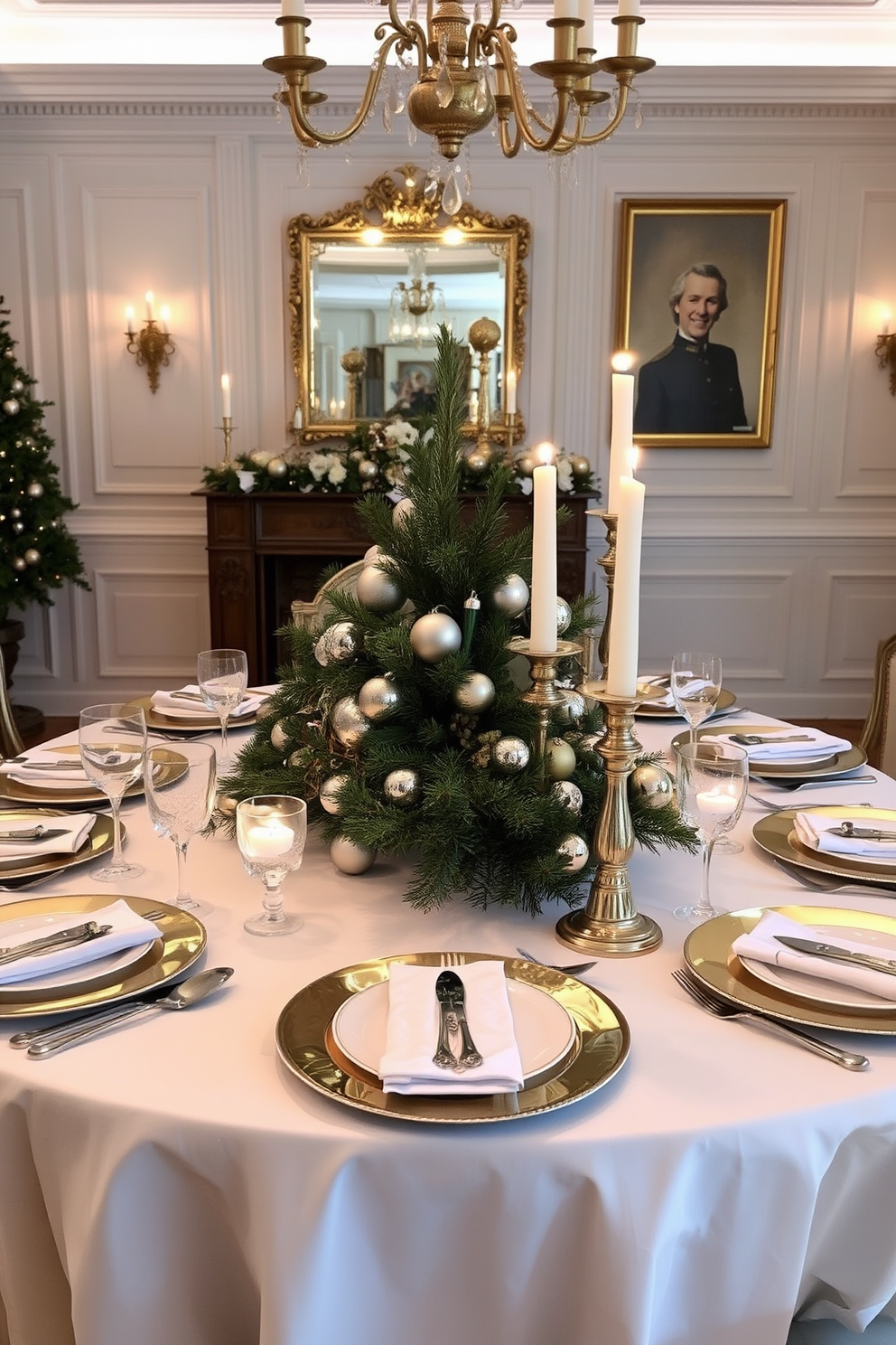 A classic dining room setting adorned with elegant silver and gold table settings. The table is draped in a rich white tablecloth, with gleaming silver cutlery and gold-rimmed plates arranged meticulously. At the center, a stunning centerpiece of evergreen branches and festive ornaments adds a touch of holiday spirit. Soft candlelight flickers from gold candlesticks, casting a warm glow over the beautifully decorated space.