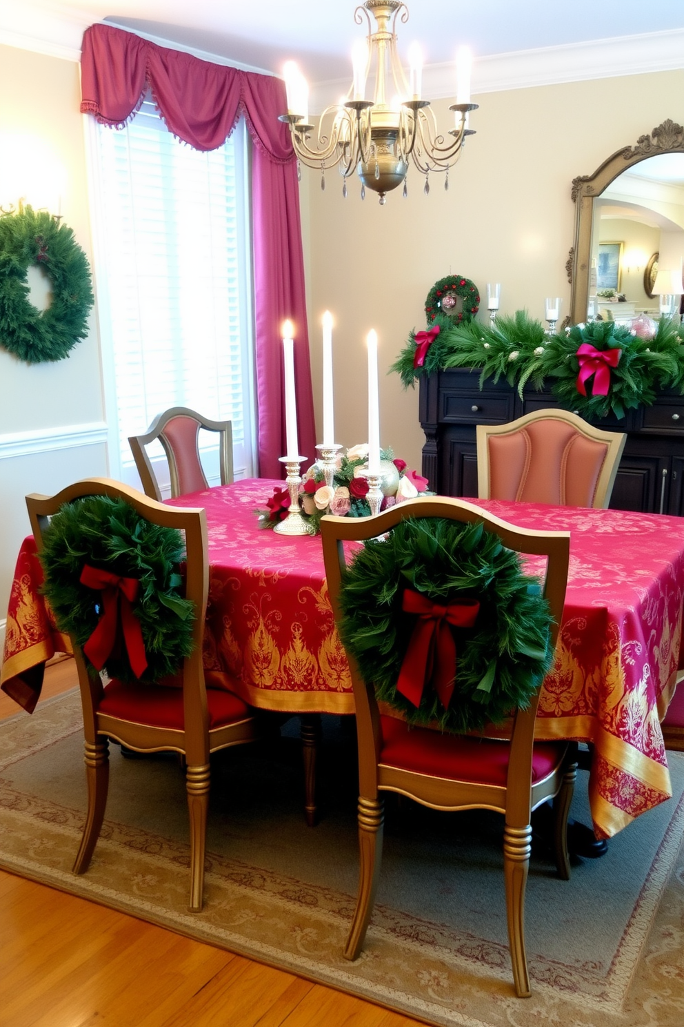 A festive dining room adorned for Christmas features elegant wreaths placed on each dining chair. The table is set with a beautiful red and gold tablecloth, complemented by sparkling candle holders and seasonal centerpieces.