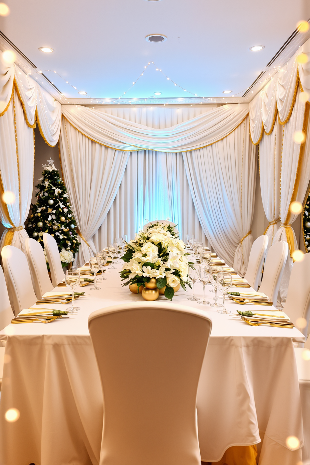 A luxurious dining room adorned with gold and white decorations. The table is elegantly set with a white tablecloth, gold cutlery, and crystal glassware, complemented by a stunning centerpiece of white flowers and golden accents. The walls are draped with white fabric featuring gold trim, creating a festive atmosphere. Soft golden lights twinkle overhead, enhancing the warmth of the space and inviting guests to gather for a holiday celebration.