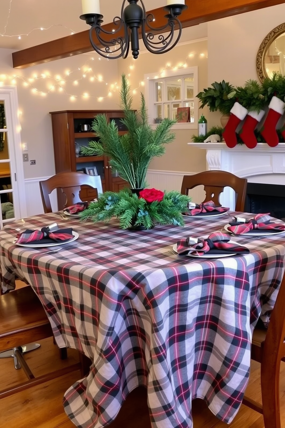 A festive dining room setting features a plaid tablecloth draping elegantly over a polished wooden table. Matching plaid napkins are neatly folded at each place setting, adding a cohesive touch to the holiday decor. The room is adorned with twinkling fairy lights strung across the ceiling and a centerpiece of fresh evergreen branches. Stockings hang from a nearby mantel, enhancing the warm and inviting atmosphere of Christmas celebrations.