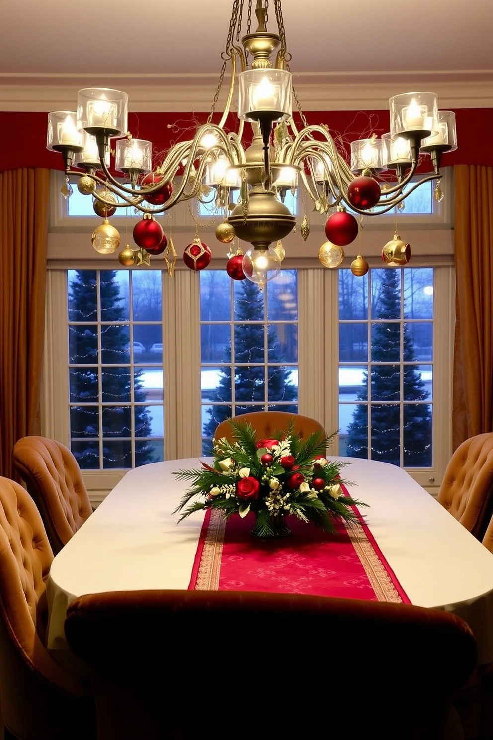 A festive dining room adorned with hanging ornaments from the branches of an elegant chandelier. The table is beautifully set with a red and gold table runner, surrounded by plush velvet chairs.