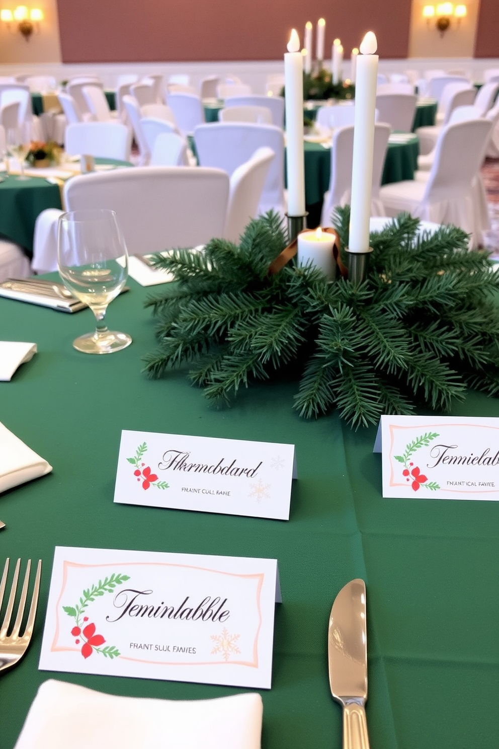 Personalized place cards for each guest are elegantly designed with a touch of festive charm. Each card features the guest's name in stylish calligraphy, adorned with seasonal motifs like holly and snowflakes. The dining room is transformed into a winter wonderland with a beautifully set table. Rich green tablecloths are complemented by gold accents, and a centerpiece of pine branches and candles creates a warm, inviting atmosphere.