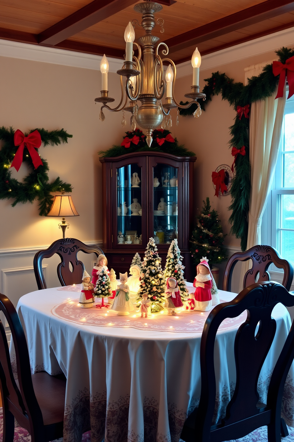 A cozy dining room adorned with vintage Christmas figurines as table decor. The table is elegantly set with a festive tablecloth, and the figurines are arranged in the center, surrounded by twinkling fairy lights. The walls are decorated with garlands of evergreen and red bows, creating a warm holiday atmosphere. A beautiful chandelier hangs overhead, casting a soft glow on the scene, enhancing the charm of the vintage decorations.