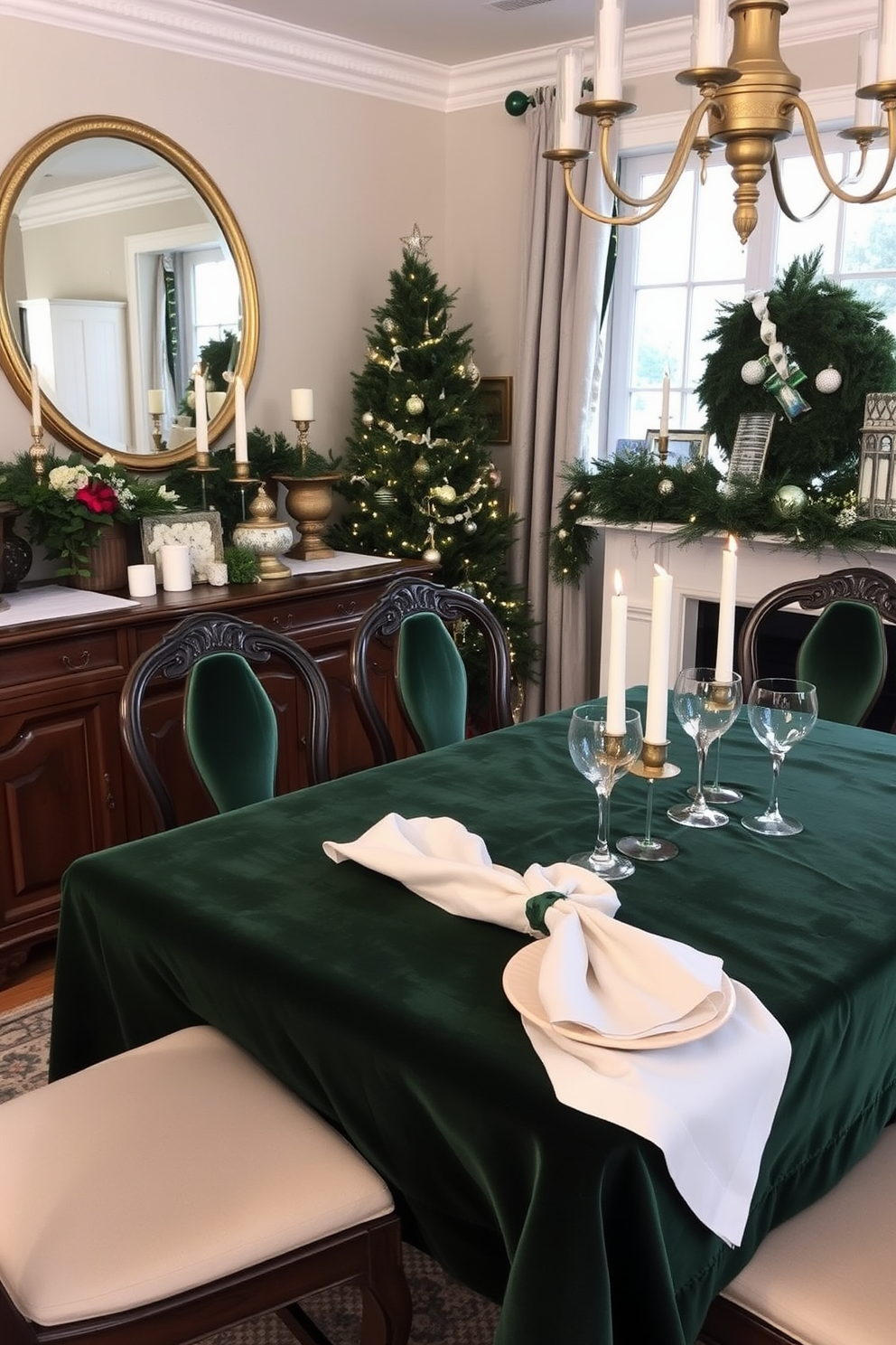 A cozy dining room adorned for Christmas with layered textures of rich velvet and soft linen. A beautifully set table features a velvet tablecloth in deep green, complemented by linen napkins in a soft cream shade.