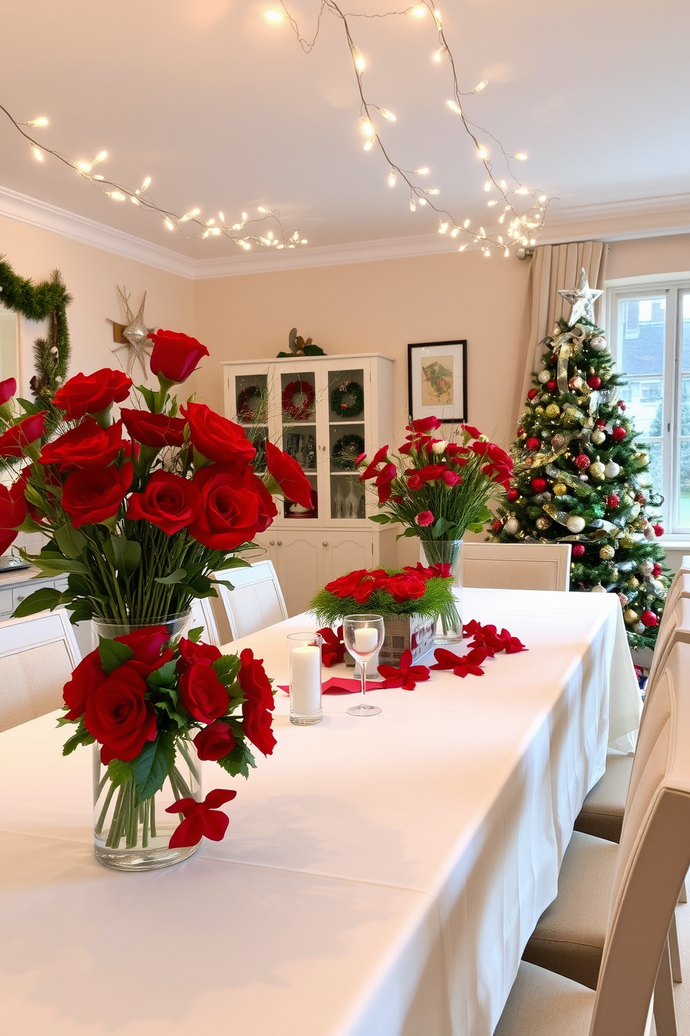 A festive dining room adorned with fresh flowers in seasonal colors. The table is elegantly set with a white tablecloth, complemented by vibrant red and green floral arrangements in charming vases. Twinkling fairy lights drape across the ceiling, adding a warm glow to the space. A beautifully decorated Christmas tree stands in the corner, its ornaments reflecting the colors of the flowers on the table.