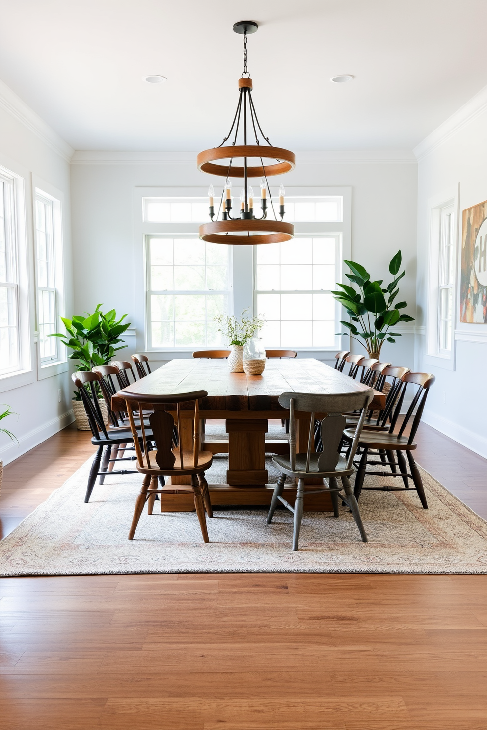 A modern farmhouse dining room featuring a large reclaimed wood table surrounded by mismatched vintage chairs. The walls are painted in a soft white, and large windows allow natural light to fill the space, highlighting the rustic charm. Above the table, a statement chandelier made of wrought iron and wood adds character to the room. A cozy area rug in neutral tones anchors the space, while potted plants in the corners bring a touch of greenery.