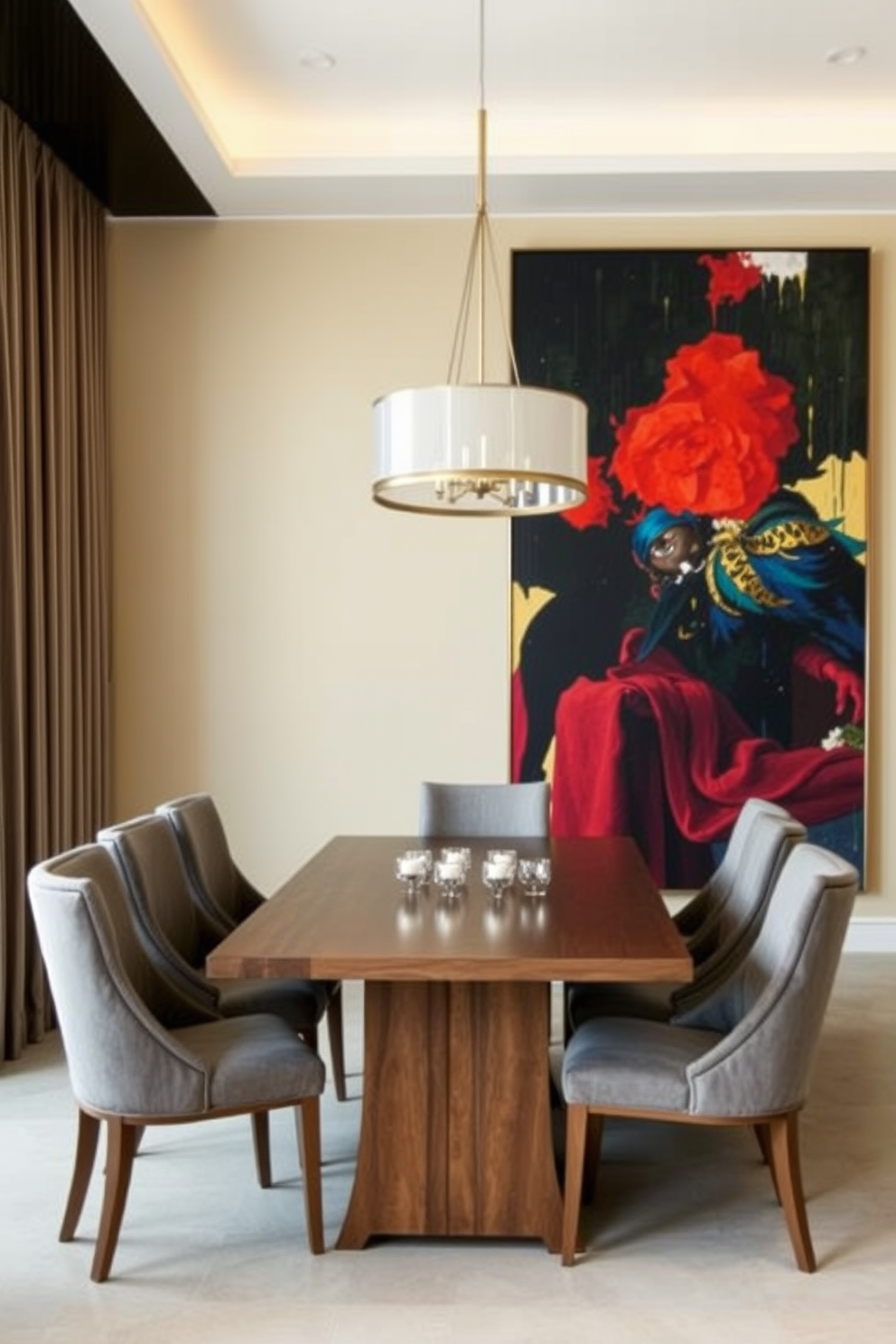 A stunning dining room featuring a large statement art piece as the focal point. The walls are painted in a soft beige tone, allowing the vibrant artwork to stand out against the backdrop. A sleek wooden dining table is surrounded by elegant upholstered chairs in a muted gray fabric. A modern chandelier hangs above the table, casting a warm glow over the space and enhancing the inviting atmosphere.