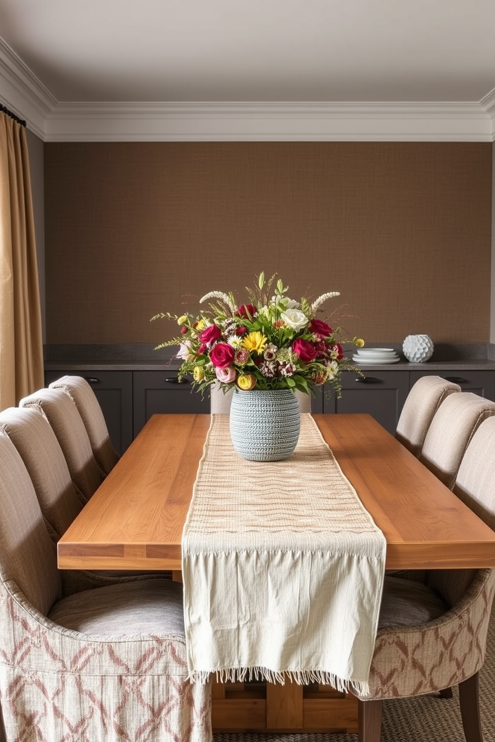 Textured fabrics create a warm and inviting atmosphere in the dining room. A large wooden table is surrounded by upholstered chairs featuring soft, tactile fabrics in earthy tones. Layered table linens, including a linen tablecloth and a woven runner, add depth to the setting. A centerpiece of seasonal flowers in a textured vase complements the overall cozy feel of the space.