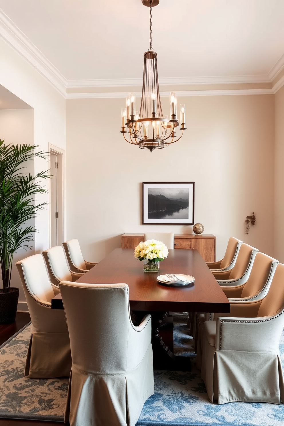 A stylish dining room featuring a large wooden table surrounded by elegant upholstered chairs. The walls are adorned with soft neutral tones, and a statement chandelier hangs above the table, providing warm lighting. In one corner, a tall indoor plant adds a touch of greenery and freshness to the space. A sideboard against the wall displays decorative items and serves as a functional storage solution.